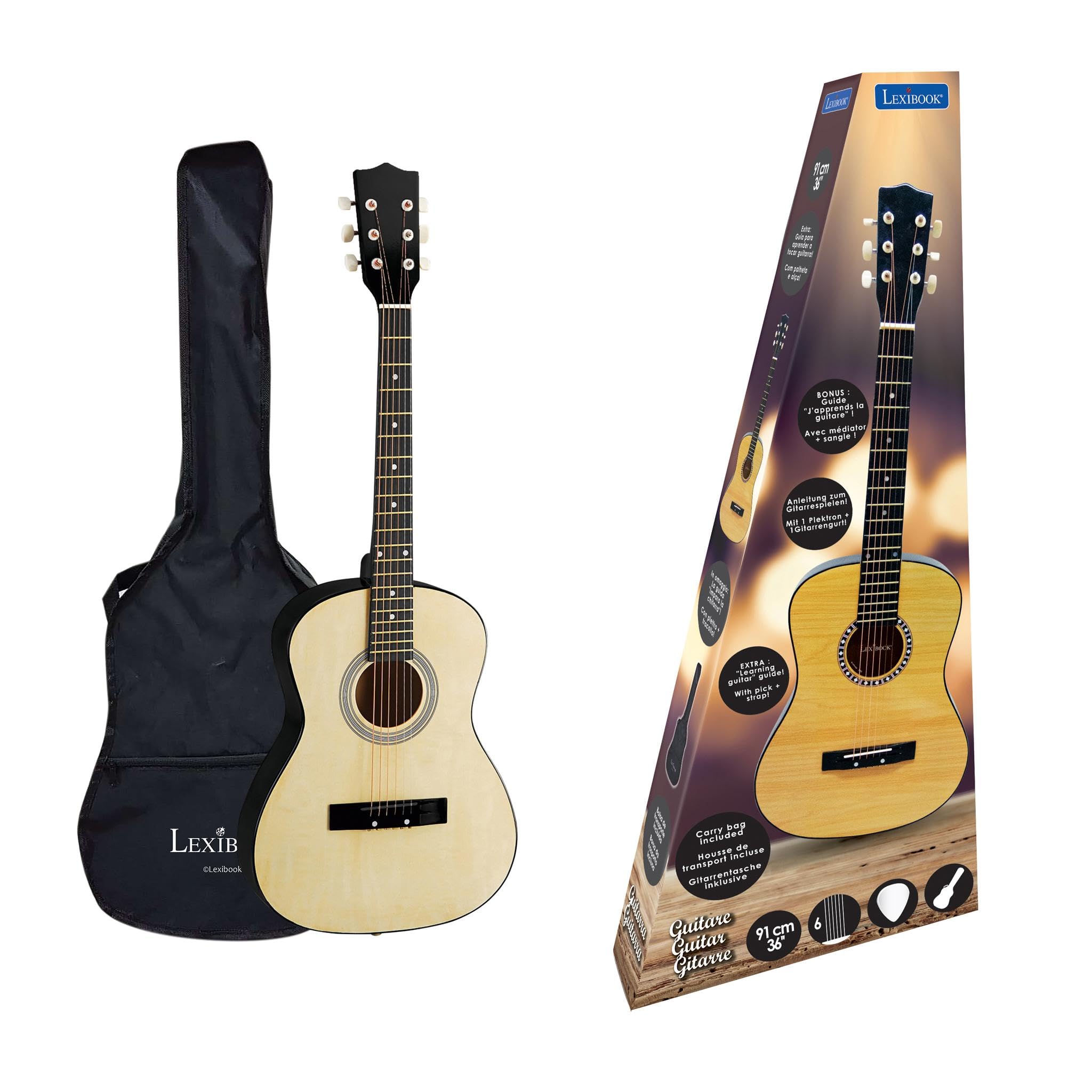 Lexibook Chitarra Acustica in Legno, 91 cm, Guida all'apprendimento Inclusa, 6 Corde in Nylon, Borsa da Trasporto Inclusa, Legno/Nero, K2200LXB