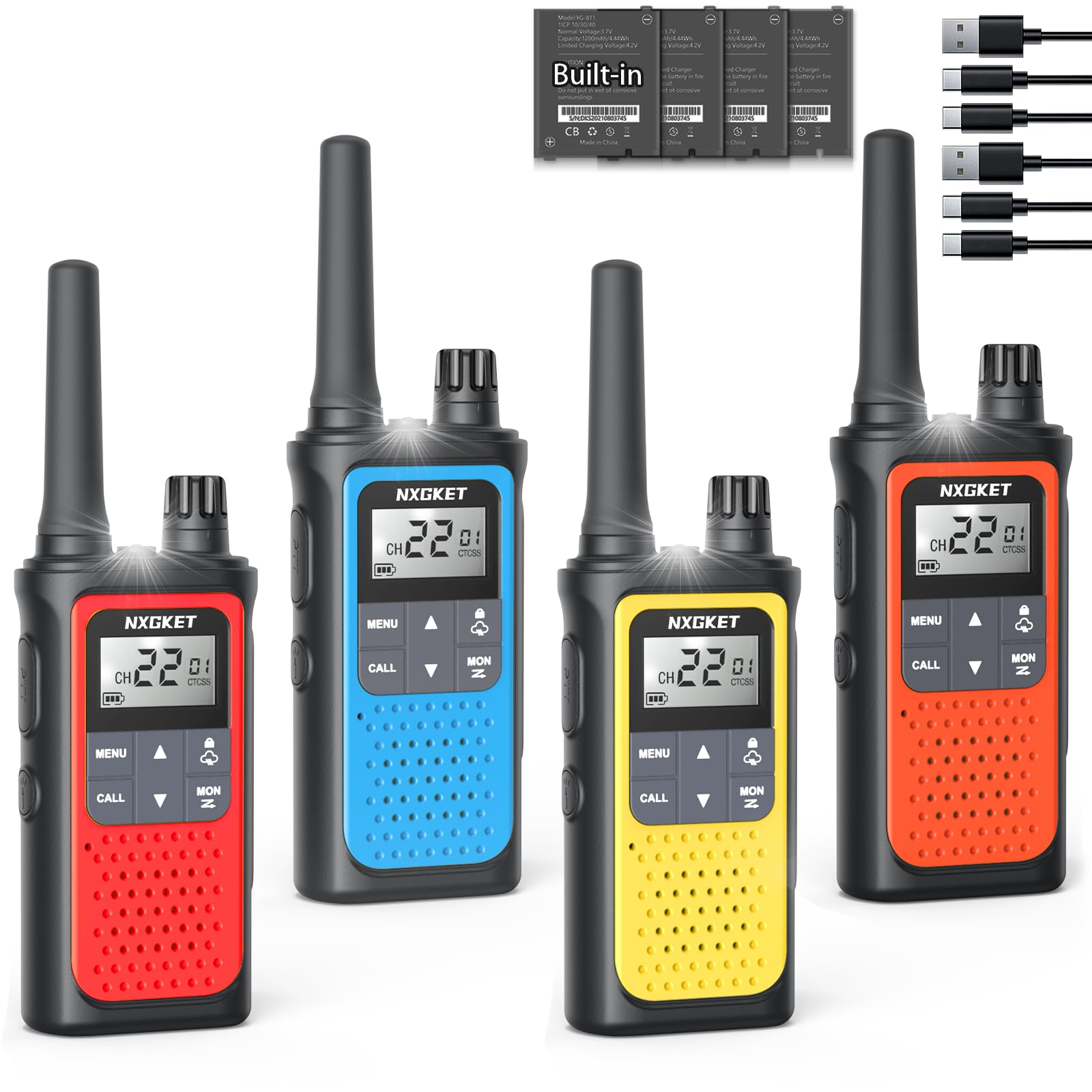 NXGKET Walkie Talkies Long Range for Adults Kids – Rechargeable Two Way Radio with 22 Ch, 1800mAh Battery, USB-C Charging, NOAA Weather, VOX, Flashlight – Great for Outdoor Camping & Hiking 4 Pack