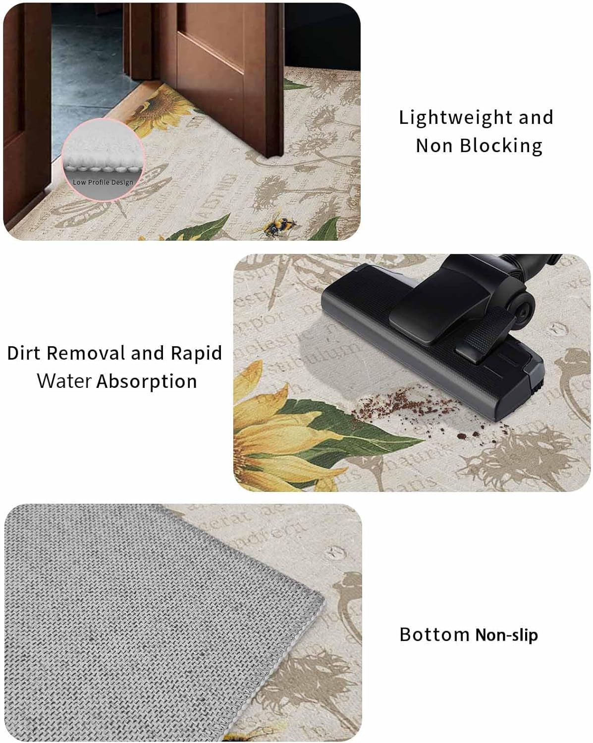 Front Door Mat, Non - Slip Absorbent Door Entry Mats, Doormats Indoor/Outdoor Entrance Small Rugs, Retro Farmhouse Sunflowers and Honey Bee Vintage Background Doormat - Floor Mats for Home 18x30 Inch