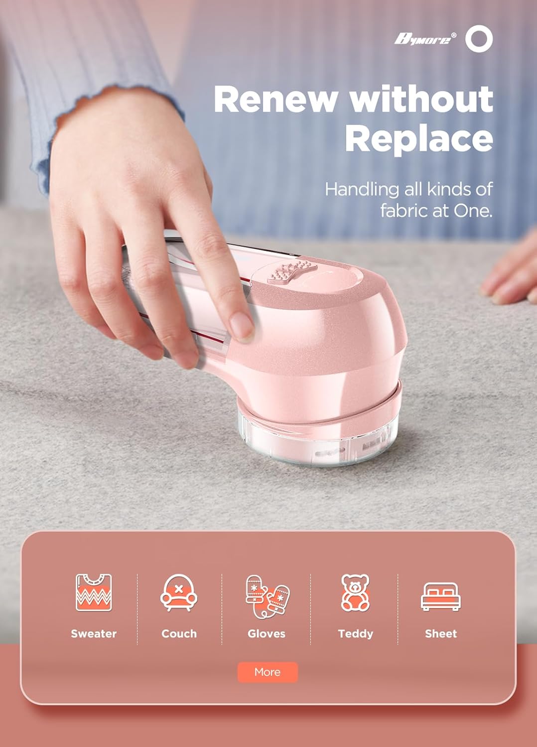 Fabric Shaver, Lint Remover, Bymore Lint Shaver Defuzzer Sweater Shaver for Clothes and Furniture AC Adapter or Battery Operated Pill Fuzz Remover (Pink) - Image 2