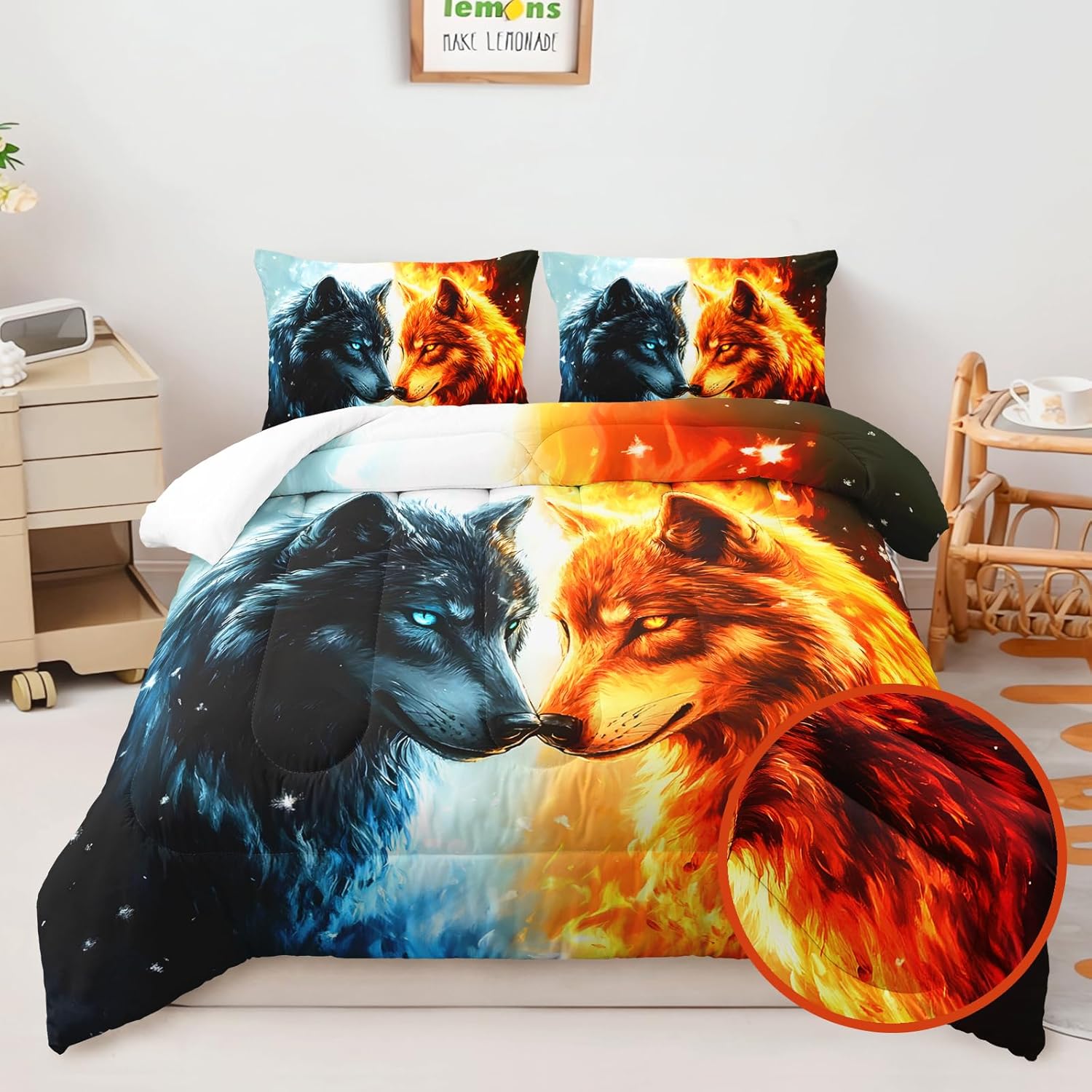 AILONEN Wolves Head Print Bedding Set for Boys, Queen Size Fire Wolf Comforter with 2 Pillowcases,Soft Microfiber 3 Pieces