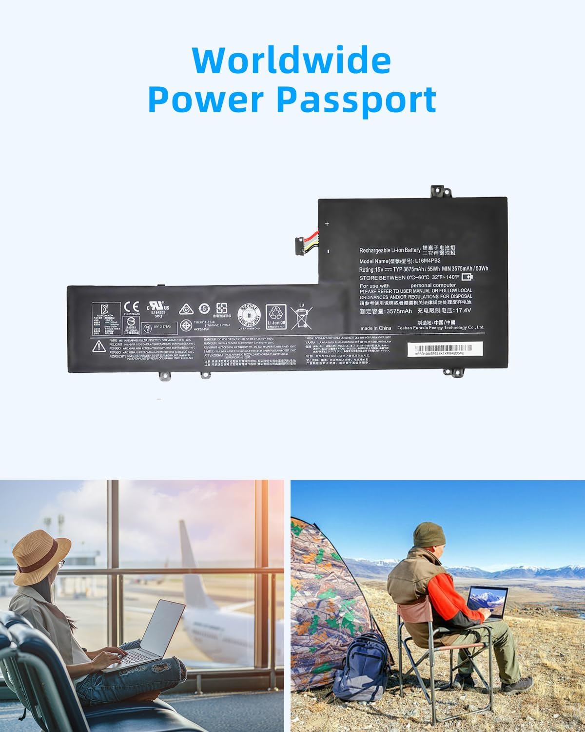 55Wh L16M4PB2 Battery for Lenovo for IdeaPad 720S-14IKB V720-14IFI V720-14ISE Series L16C4PB2 5B10M55952 L16M4PB2 5B10M55951 5B10M55950 Laptop (15V /3675mAh) High Performance