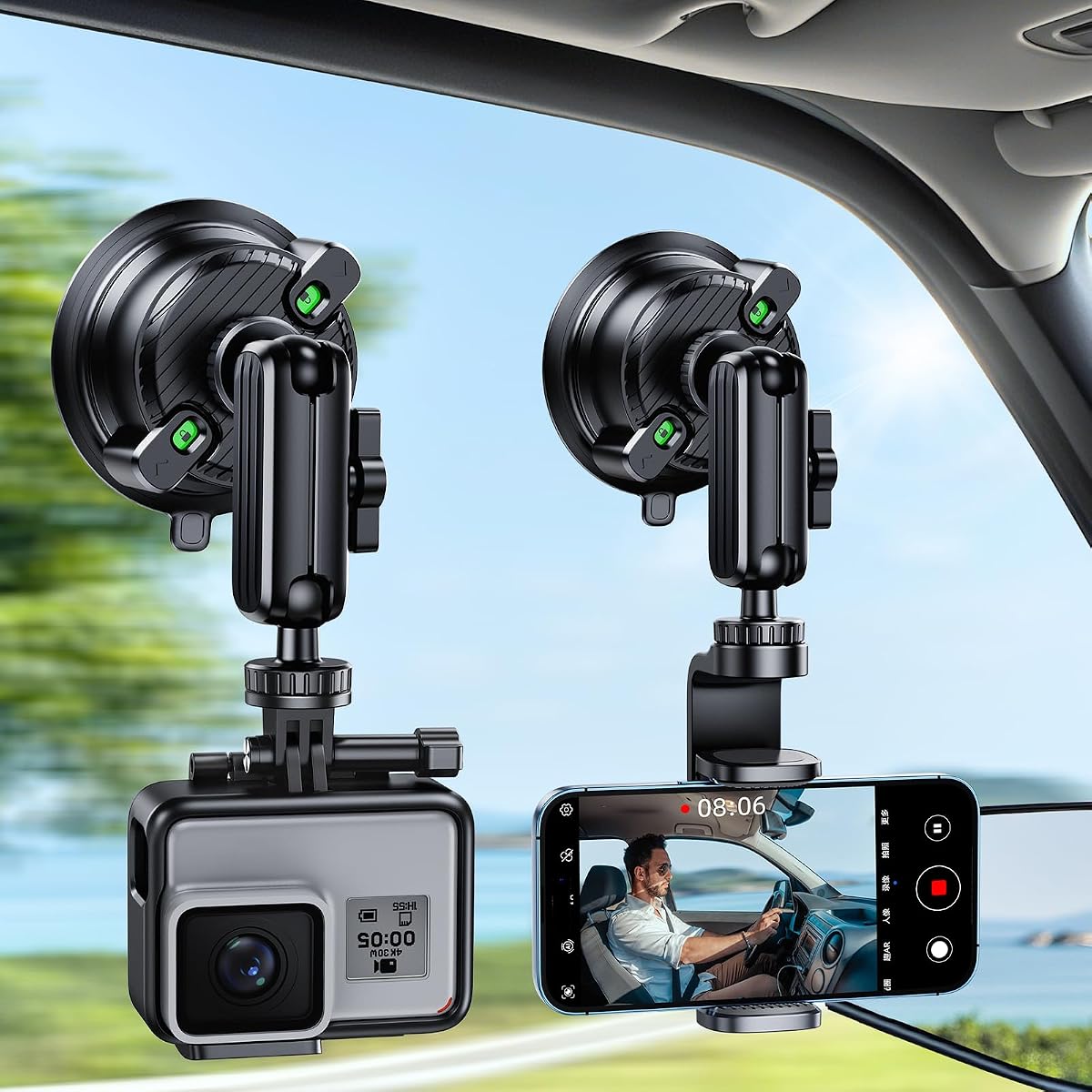 Car Phone Holder for Video Recording Vlogging Filming, Camera Fit | Strong Suction Cup Phone Mount for Windshield Wall, Adjustable & Rotatable, Universal 1/4" Screw for iPhone GoPro Insta 360
