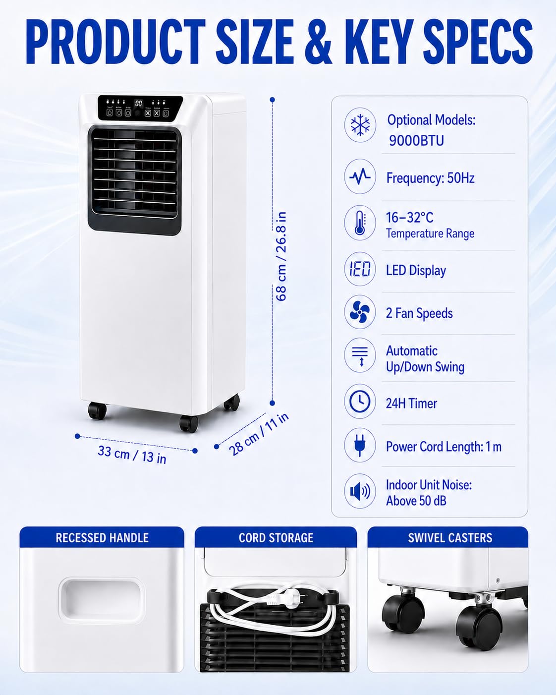 Climatizzatore Portatile 7000/9000 BTU con Telecomando e Kit Finestra 9000BTU | Unità Intelligente per Casa o Ufficio, Raffredda fino a 20 m² con Funzioni Raffrescamento, Deumidificazione e Ventilazione