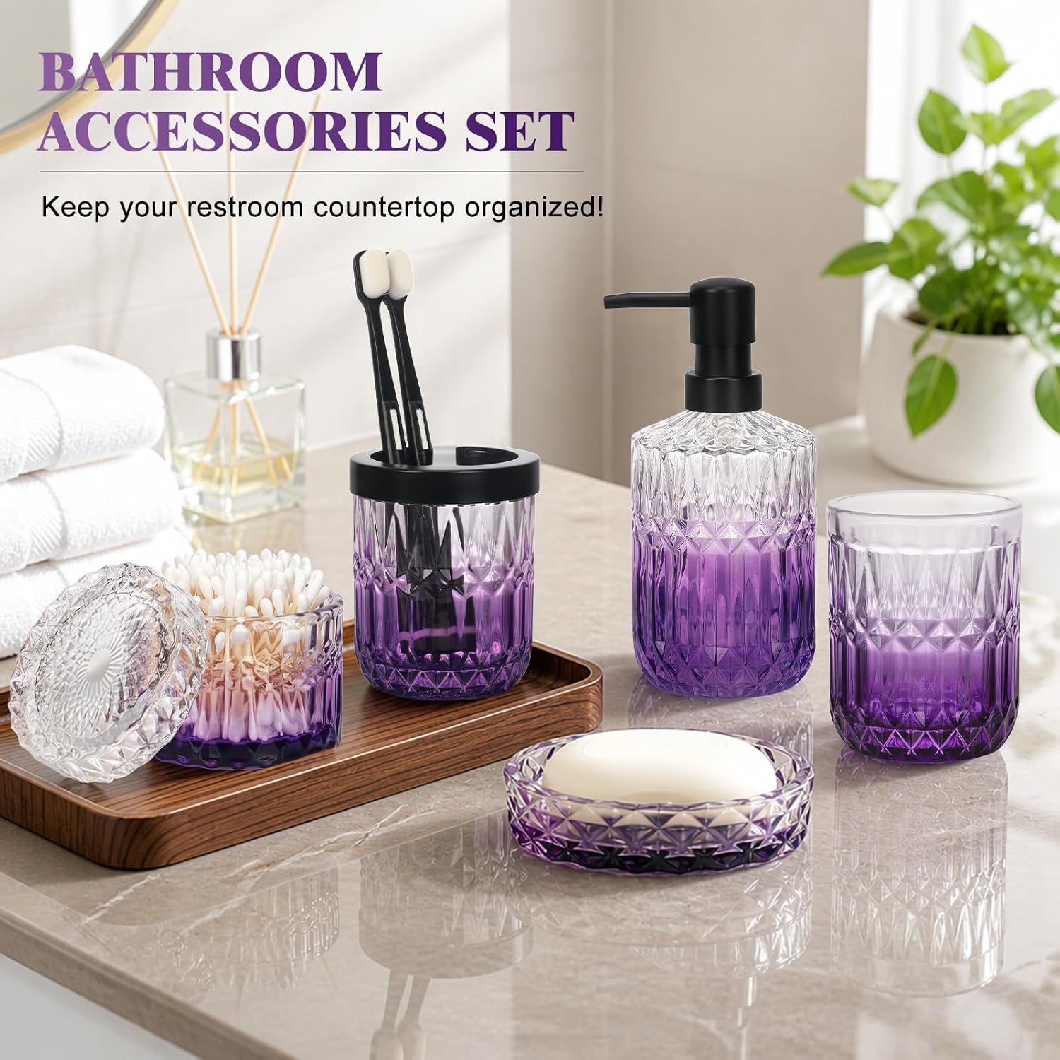 Bathroom Accessories Set, 5Pcs Bathroom Soap Dispenser Set, Glass Bathroom Accessories with Glass Soap Dispenser, Soap Dish, Toothbrush Holder, Tumbler, Cotton Swab Jar (Clear & Purple)