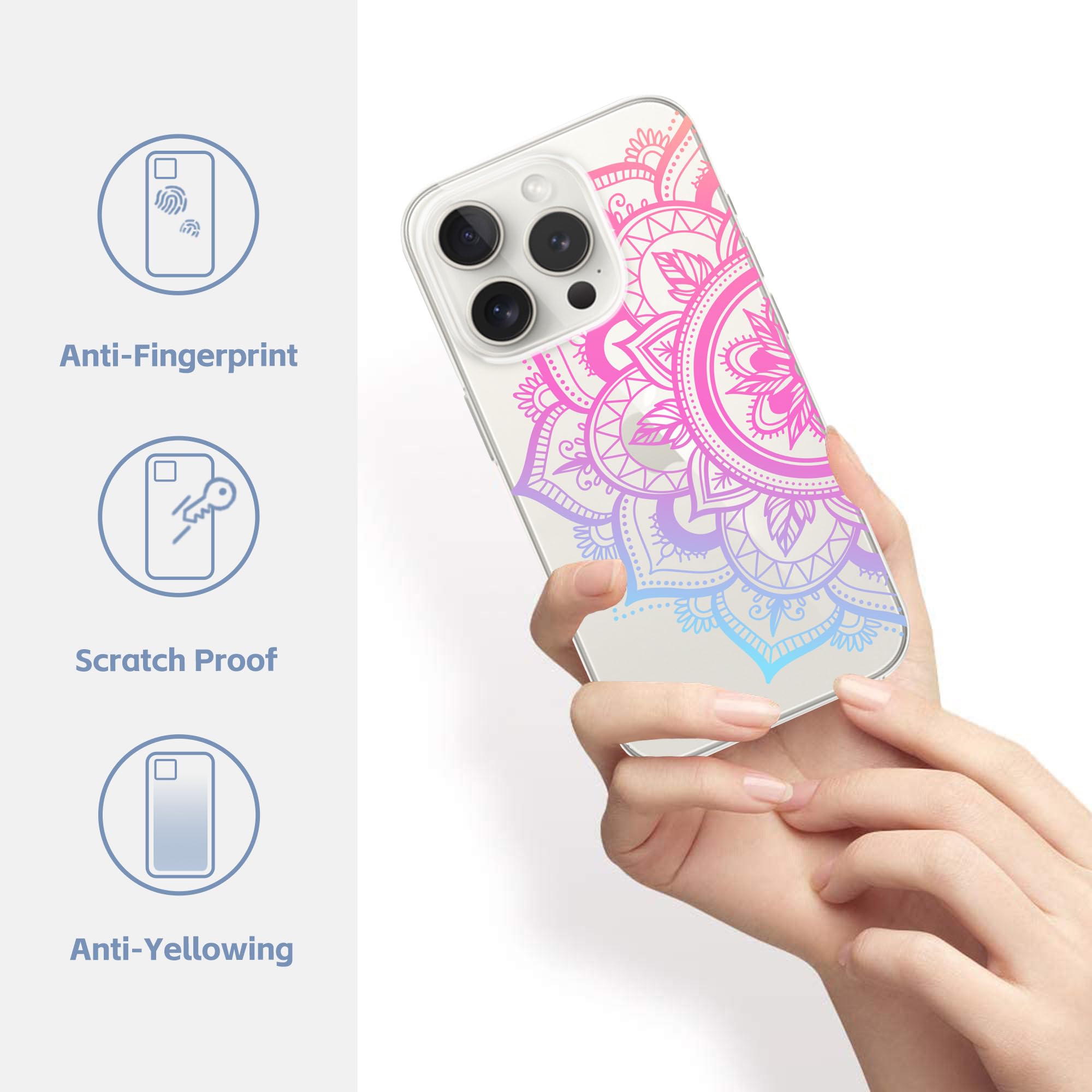 Claer Handyhülle Für IPhone 15 Pro Max | Mandala & Blumen Design | Weiß, TPU, Stoßfest | Für Damen & Teens