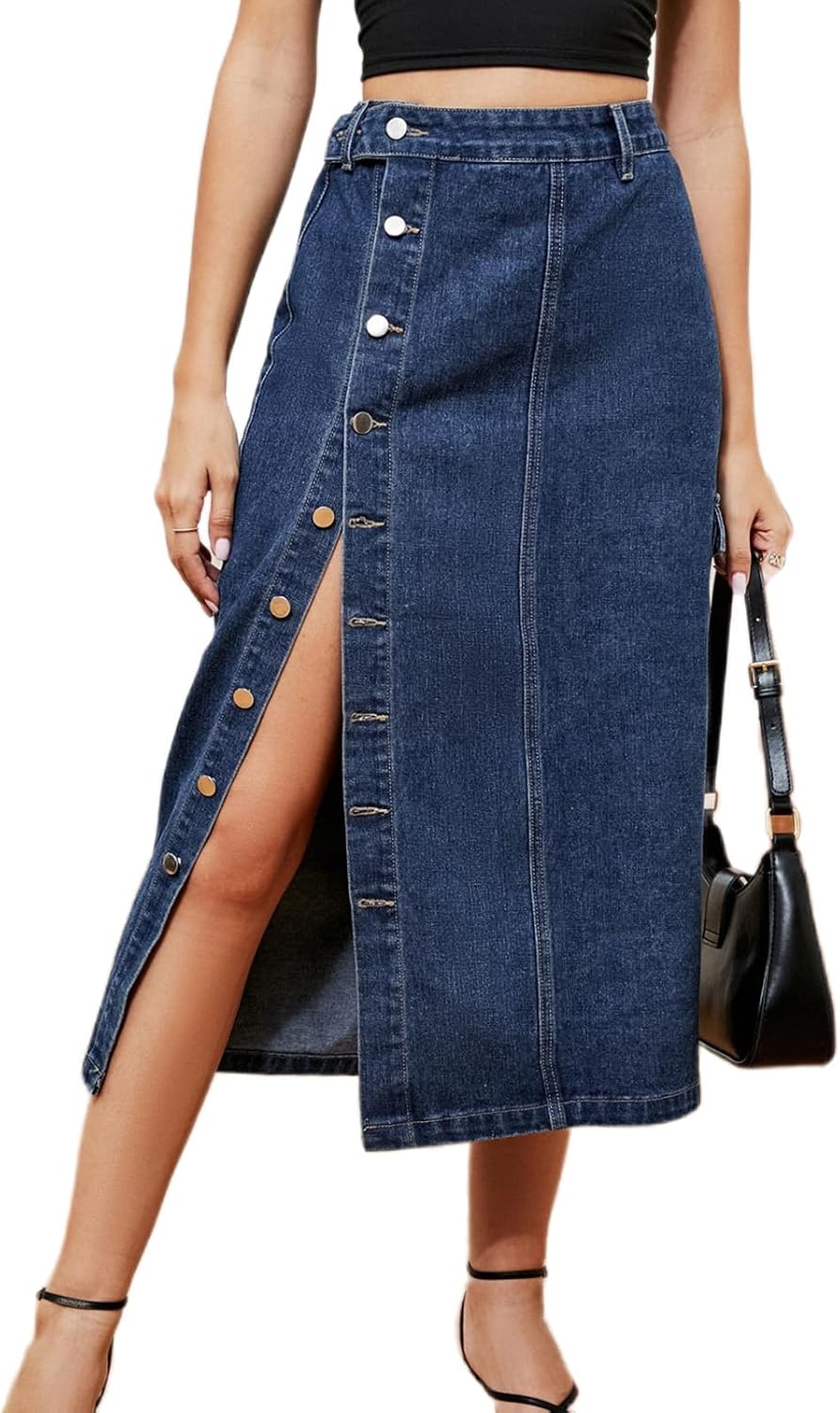 Atditama Women's Twill Cotton Multi-Pocket Cargo Skirt High Rise Elastic Waist Long Denim Skirt with Pockets
