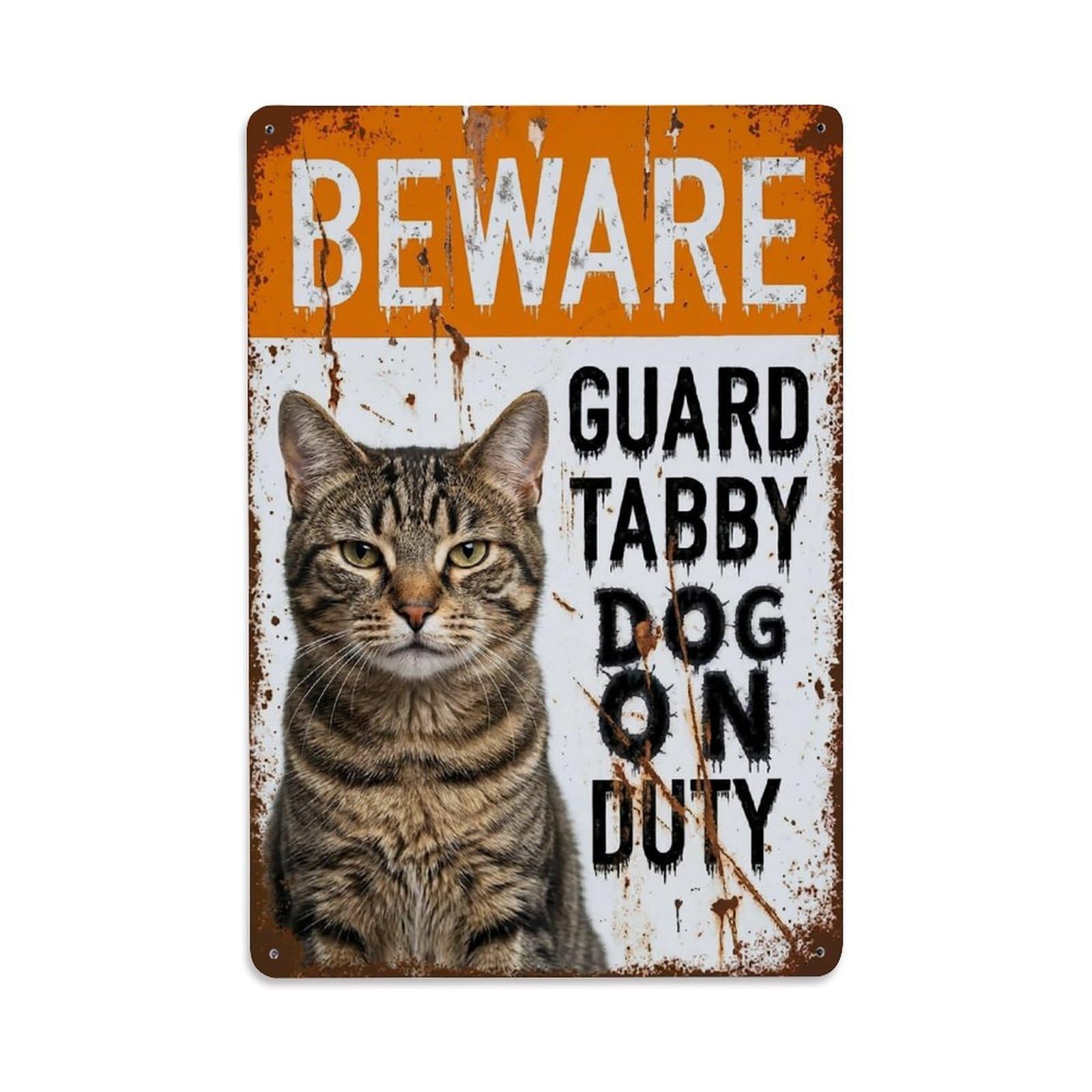 Vintage Funny Tabby Guard Beware of Cat Stairway Metal Tin Sign Plaque Wall Decor for Cafe, Club Bar, Office, Garden Metal Poster 8x12Inch