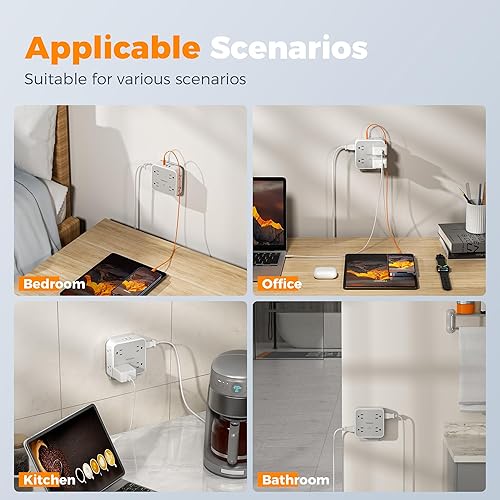 Miniatura 8 de TESSAN - Extensor de toma de corriente múltiple con 8 enchufes y 3 USB (1 USB C), protector de sobretensiones de pared con interruptor de