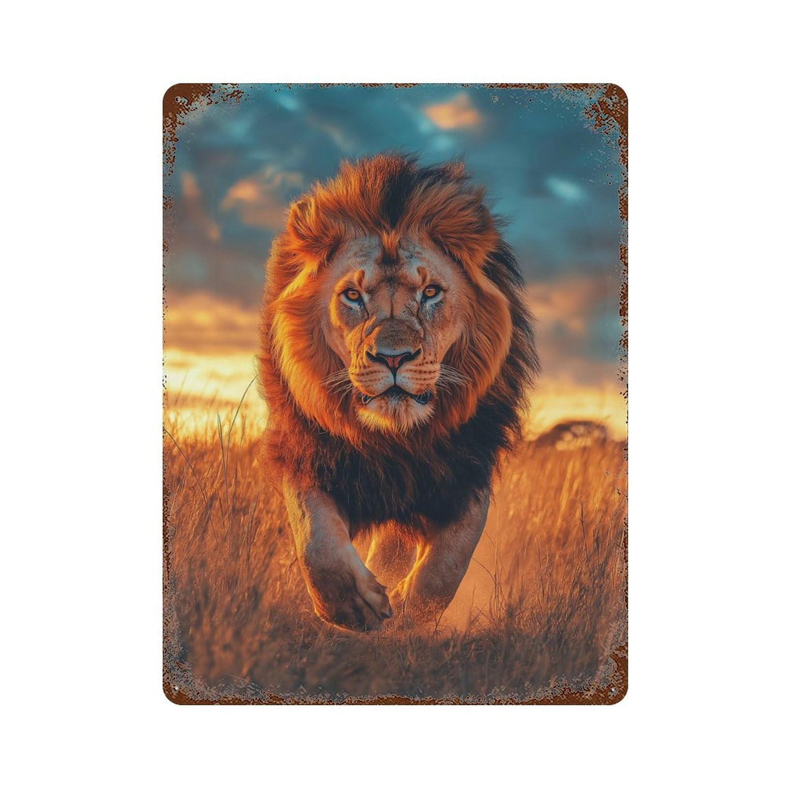 Retro Metal Sign with Majestic Lion Running In Africa at Sunset - Wildlife Photo Design 15.7"x11.8", for Office, Studio And Wall Decor, Retro Wall Decor