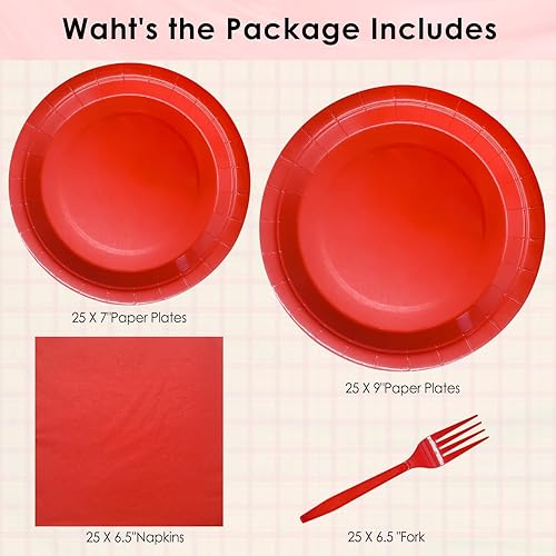 Miniatura 6 de El juego de suministros rojos para fiesta incluye platos de papel rojo y servilletas, suministros de fiesta, platos de postre rojos para 25