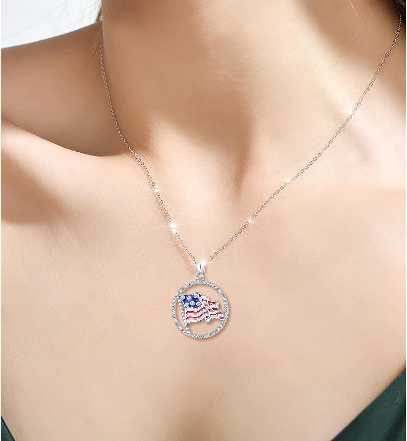 Alphm 925 Sterling Silver American Flag Necklace Red White and Blue Pendant American Flag Patriotic Jewelry for Women Men - Image 3