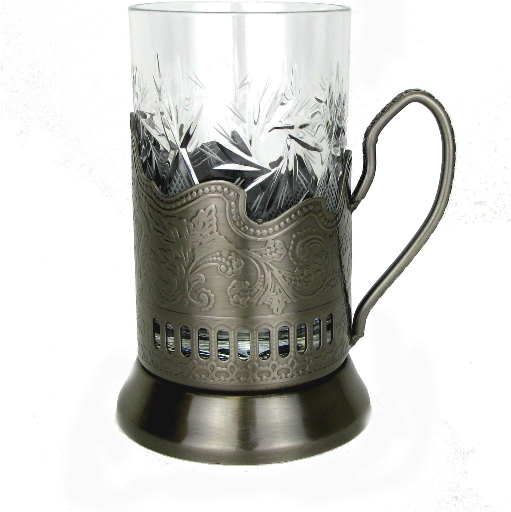 Combination Russian Crystal Hot Tea Glass 8.5 Oz & Metal Glass Holder Podstakannik