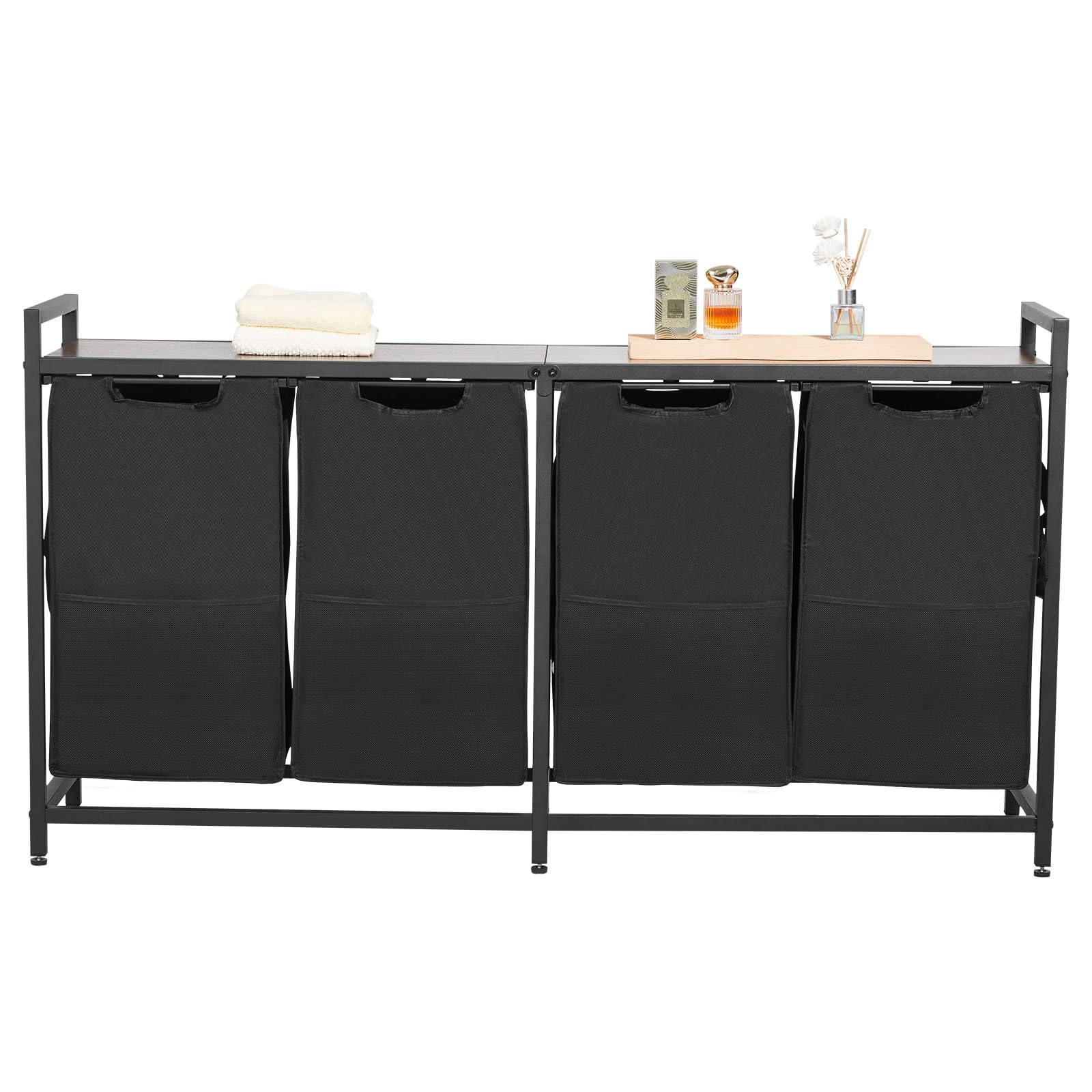 Vevor Black 4 Section Laundry Sorter, Large Laundry Hamper With Metal Frame And Wooden Tabletop, Freestanding Storage Organizer Baskets With Pull-Out 600D Oxford Cloth Bags For Dirty Clothes, Bathroom