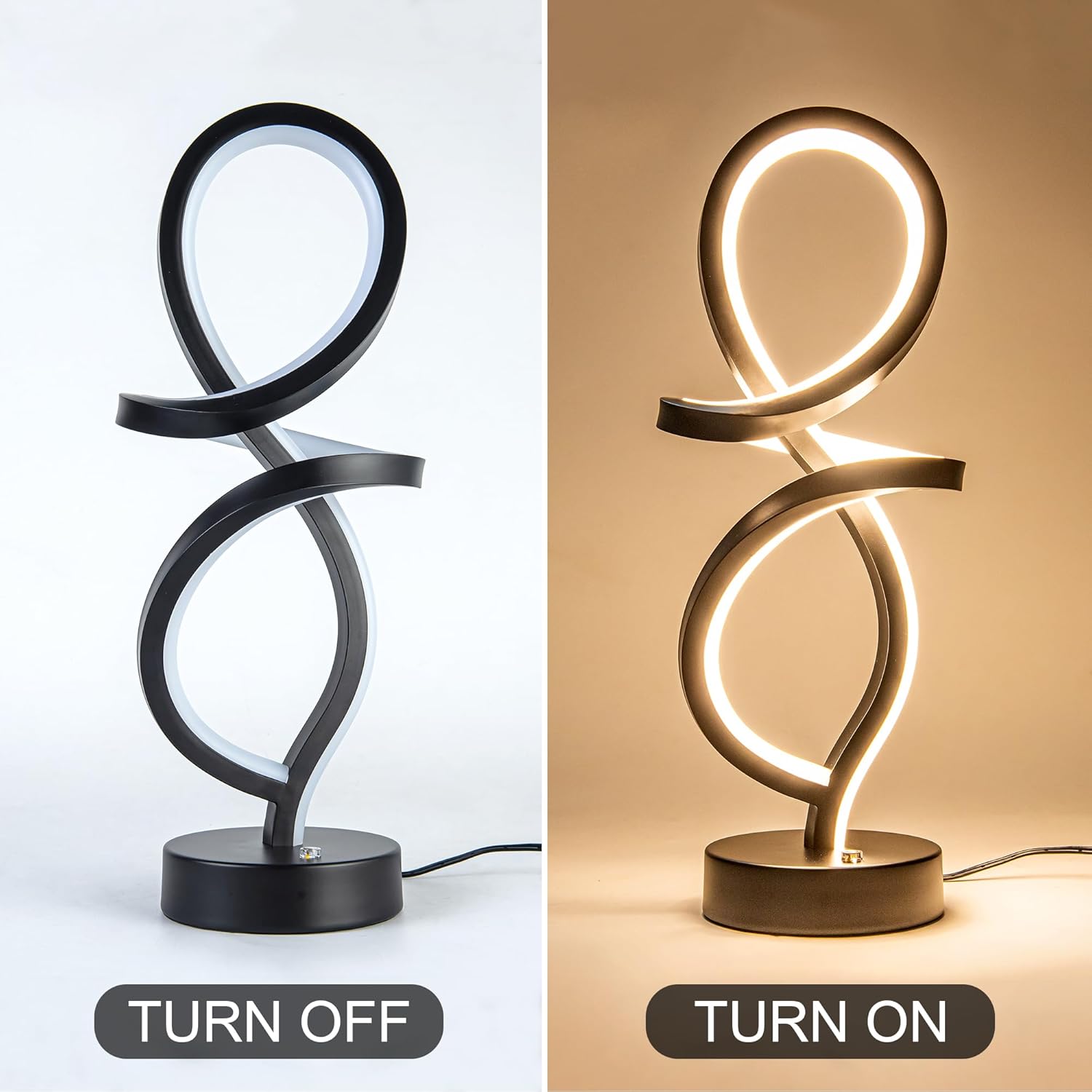 Mayful Modern RGB Table Lamp with LED Spiral Design, Black Bedside Lamp & Nightstand Lamp, Touch Dimmable with 7 Colors & 10 Modes for Bedroom, Living Room, Home Office, 15W