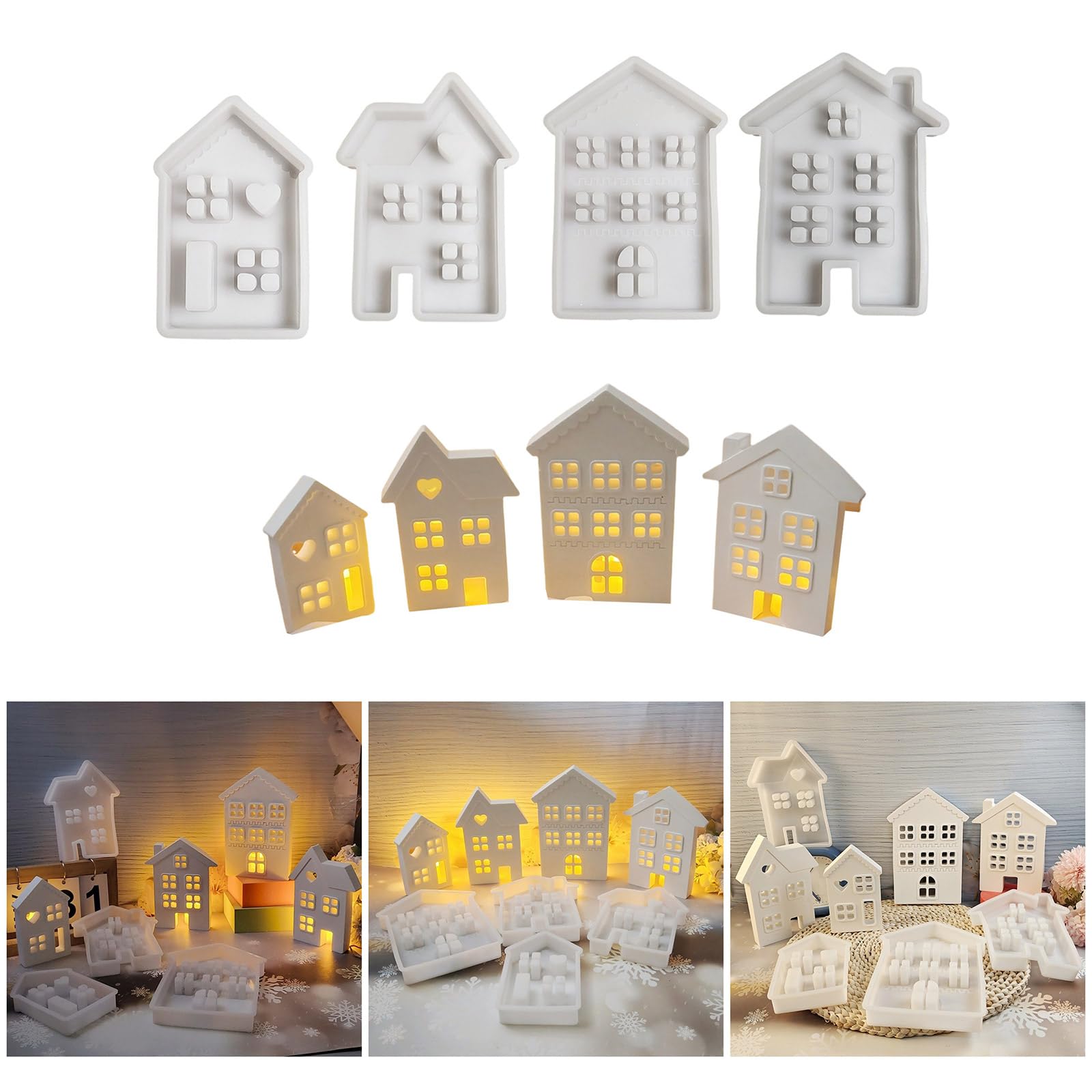 Confezione da 4 stampi in silicone fatti a mano a forma di casa in resina, adatti per decorazioni e regali