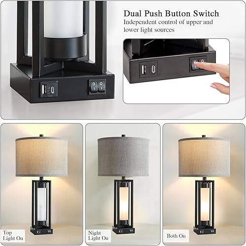 Miniatura 2 de RORIANO Juego de 2 lámparas de mesa modernas para sala de estar con puertos USB C+A, lámpara de mesita de noche rústica con luz nocturna blanca,