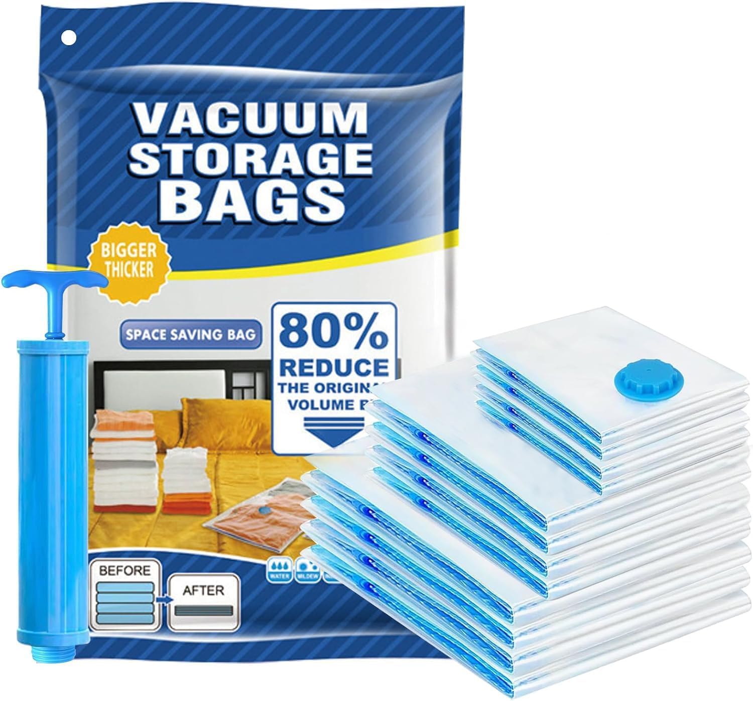 Bolsas de almacenamiento al vacío, reutilizables, para viajes, para ropa, edredones, mantas, ahorro de espacio, selladora con bomba de mano