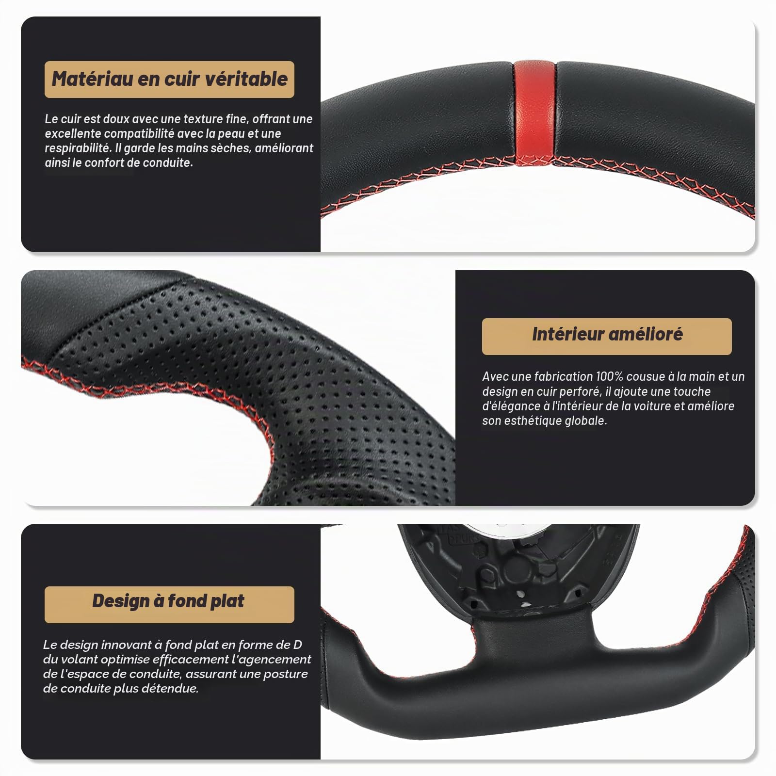 Volant en cuir plein - Antidérapant - Perforé - Respirant - En forme de D - Fond plat - Avec coutures rouges - Convient pour Audi A4(only B7) pour A5 pour S4 pour S5 2008-2010