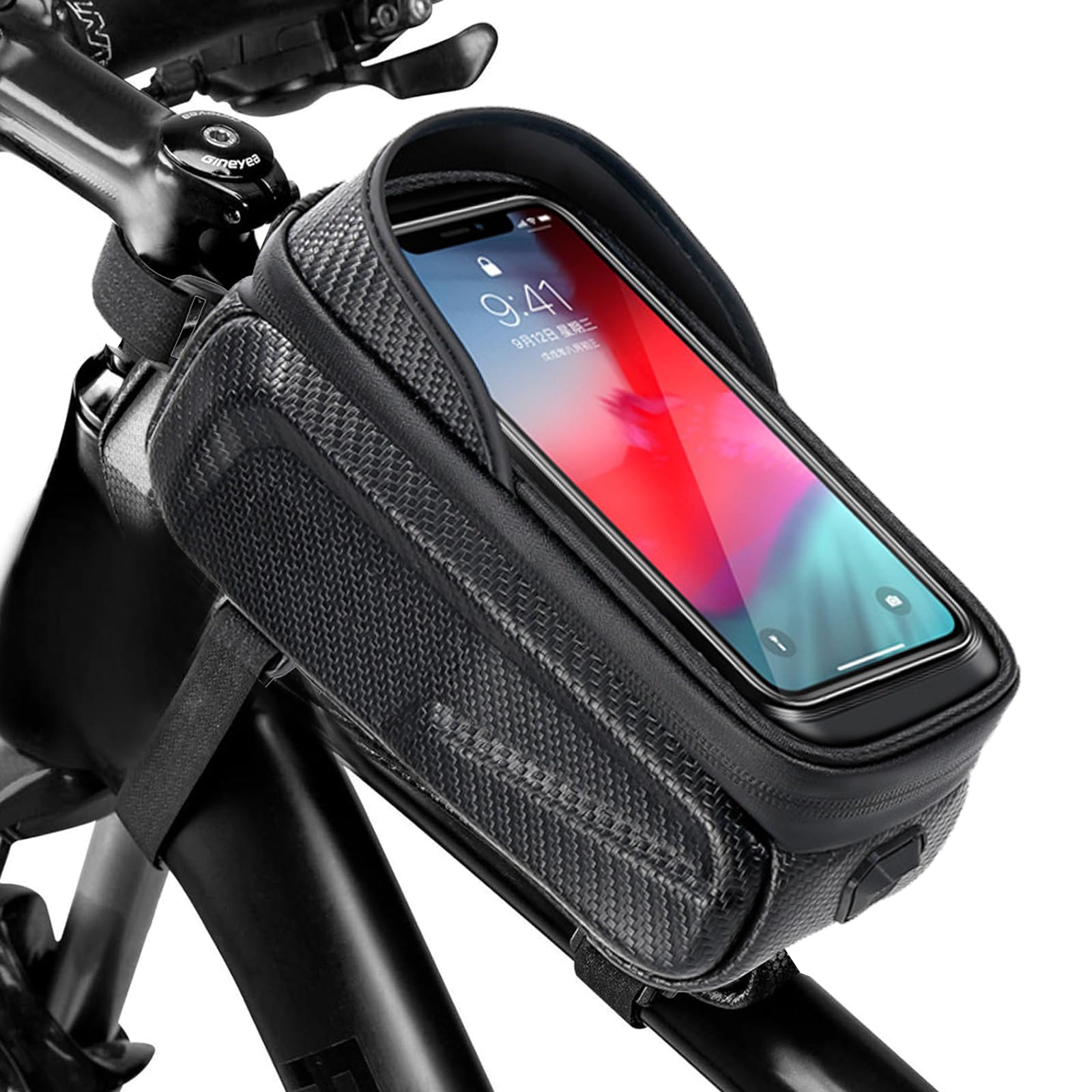 Bolsa Cuadro Bicicleta Impermeable PU, Soporte Teléfono Móvil, Porta-Móvil Bici para Smartphone Hasta 6,8", Accesorio Manillar Bicicleta Montaña con Agujero Auriculares (Negro)