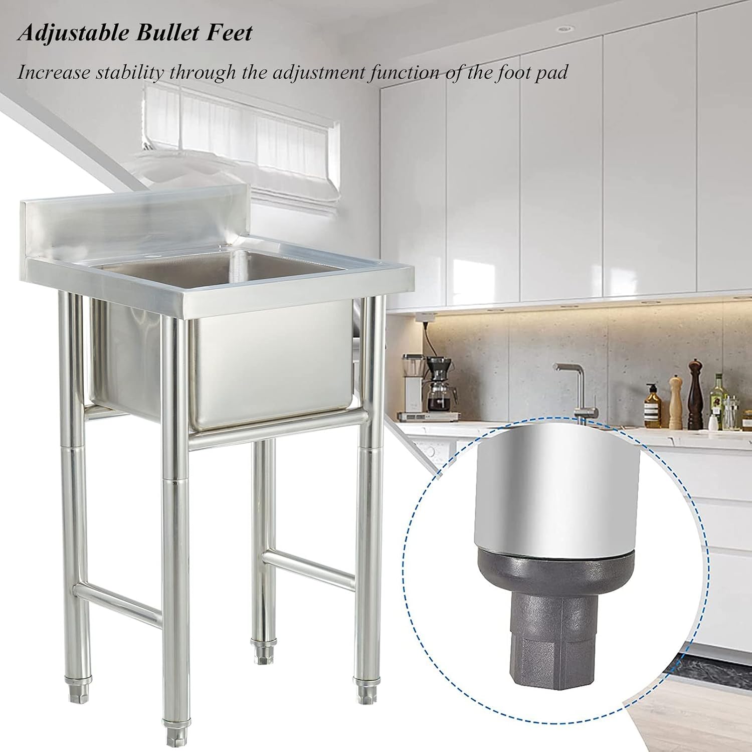Stainless Steel Utility Sink, 304 Commercial Sink with Swivel Faucet, Backsplash, Drain Strainer, Adjustable Bullet Feet, Deep Oversized Single Bowl Sink