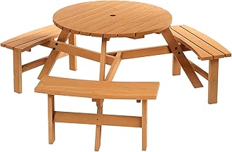 – Outsunny Wooden Garden Dining Set, 6 Seater Round Dining Picnic Table with Matching Bench, Garden Furniture Set with Parasol Hole for Outdoor Patio Party and Family Gatherings, Brownish Red
