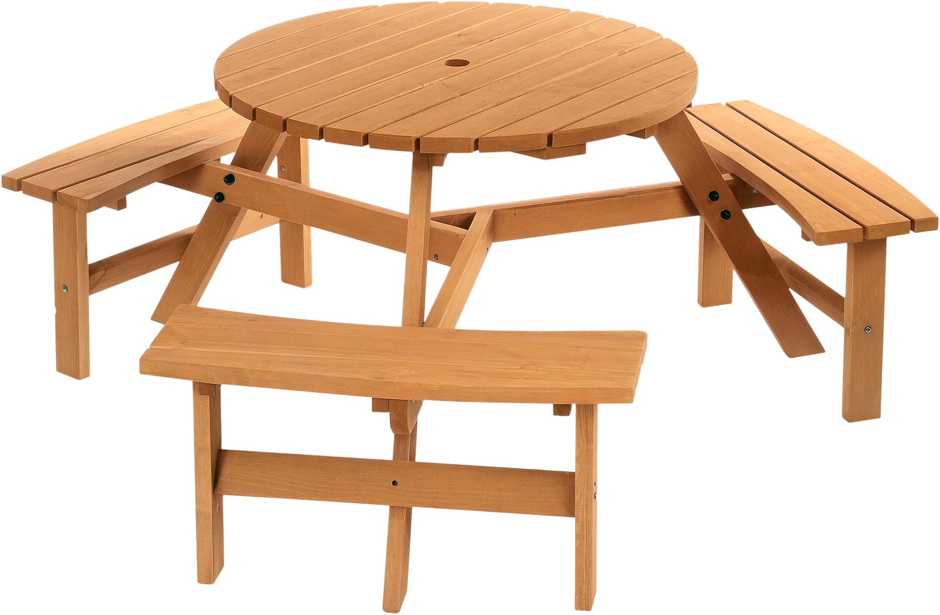 Outsunny Wooden Garden Dining Set, 6 Seater Round Dining Picnic Table with Matching Bench, Garden Furniture Set with Parasol Hole for Outdoor Patio Party and Family Gatherings, Brownish Red