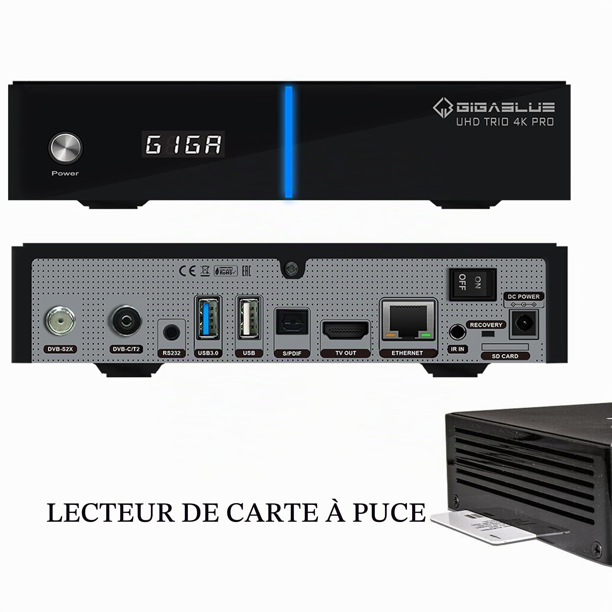 GigaBlue UHD Trio 4K Pro - 1xDVB-S2X MS + 1xDVB-C/T2 Combo Receiver for Sat, Cable/T2 Signal, E2 Linux TV Box, Media Playing, PVR Function, 1200Mbps WiFi, HTS e-com HDMI Cable