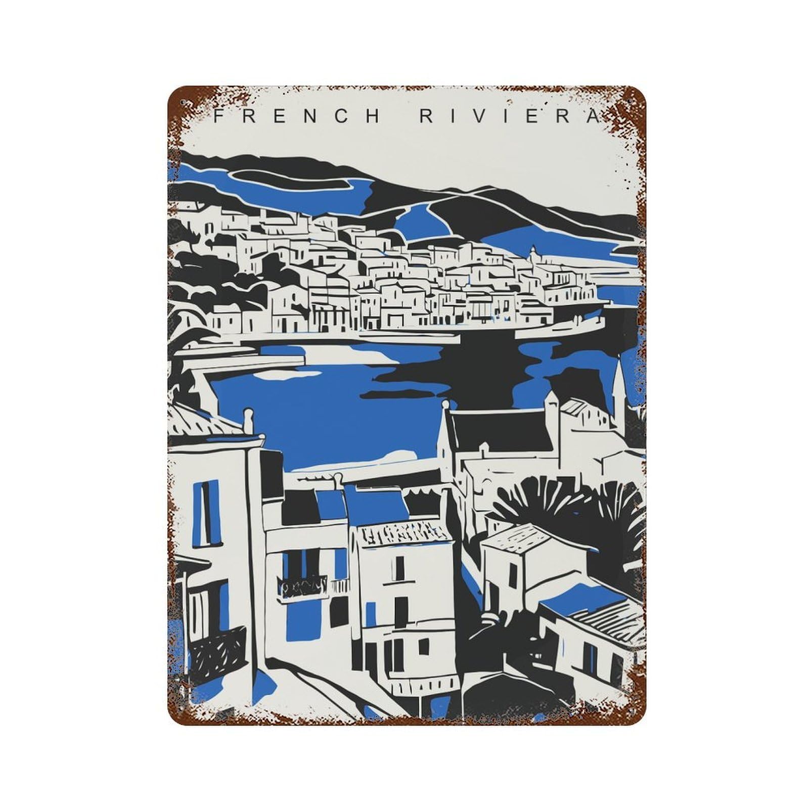 Rust Effect French Riviera Modern Art Decorative Tin Sign 15.7"x11.8", Classic Wall Plaque for Pub, Kitchen And Man Cave Decor