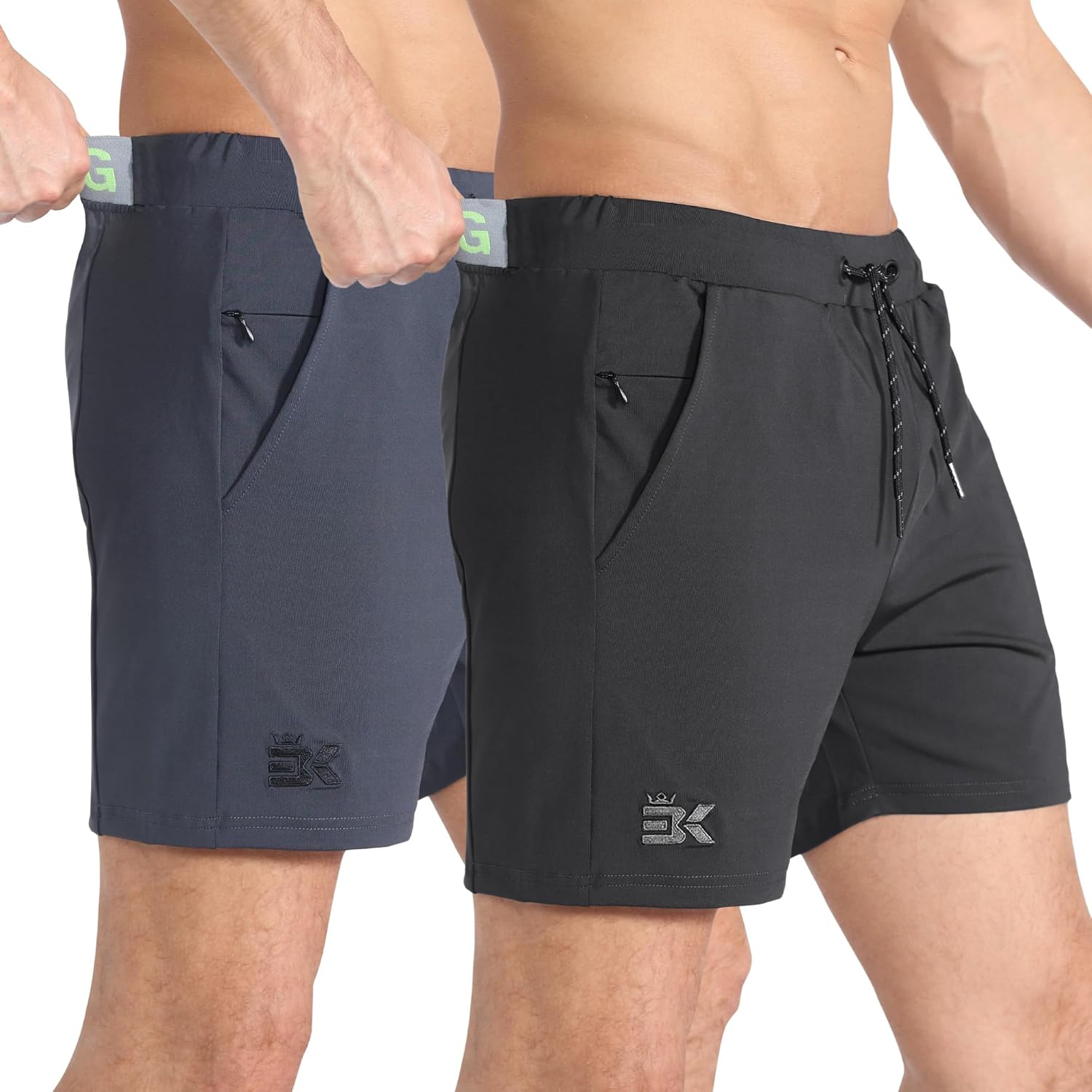 BROKIG Mens Ziplock Running Shorts 2 Pack,Elastic Lightweight Workout Shorts for Men,Stretch Slim Gym Short Pockets