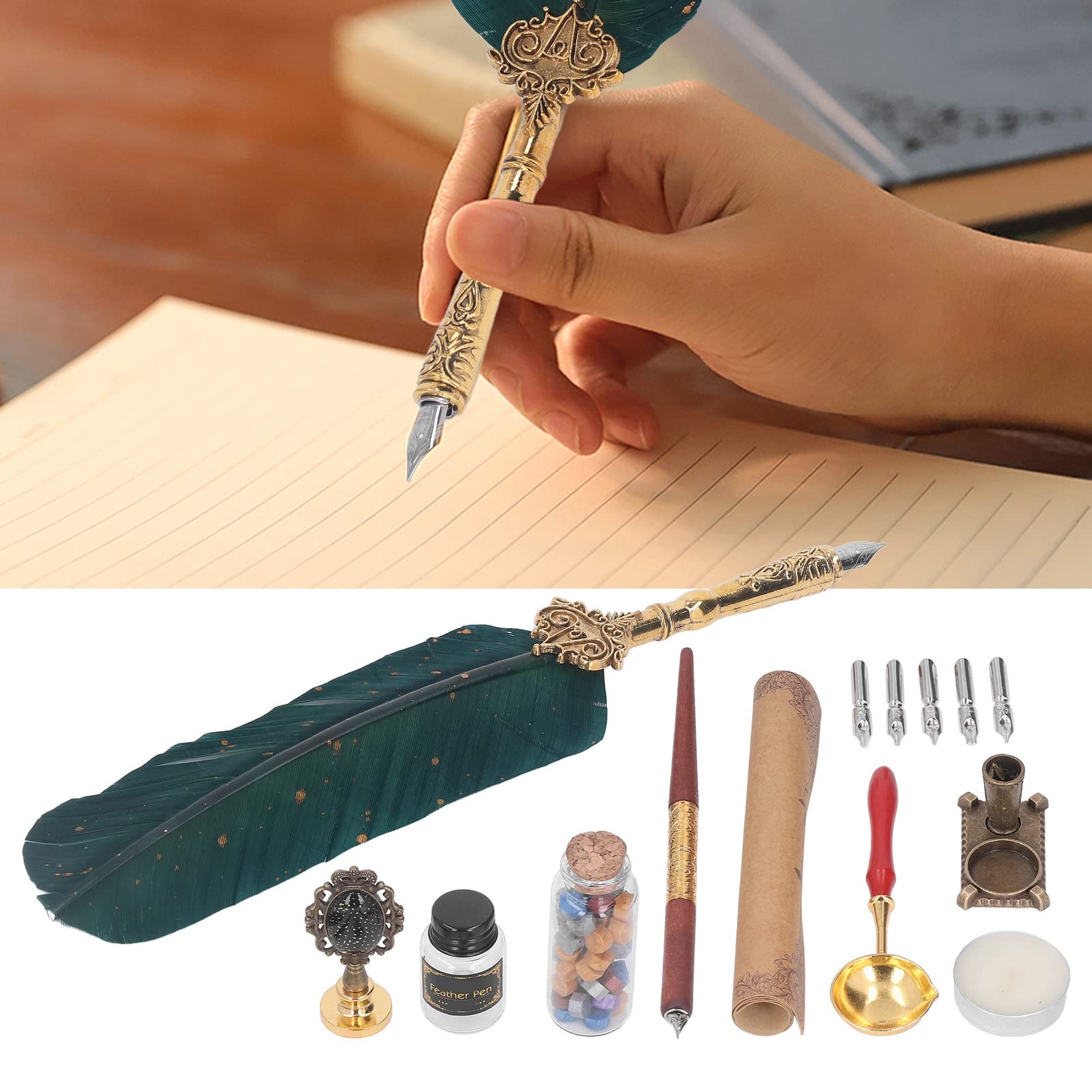 Lot de stylos de calligraphie avec pointe en acier inoxydable, style européen avec pointes de rechange et flacon d'encre pour écriture vintage (pois vert foncé)