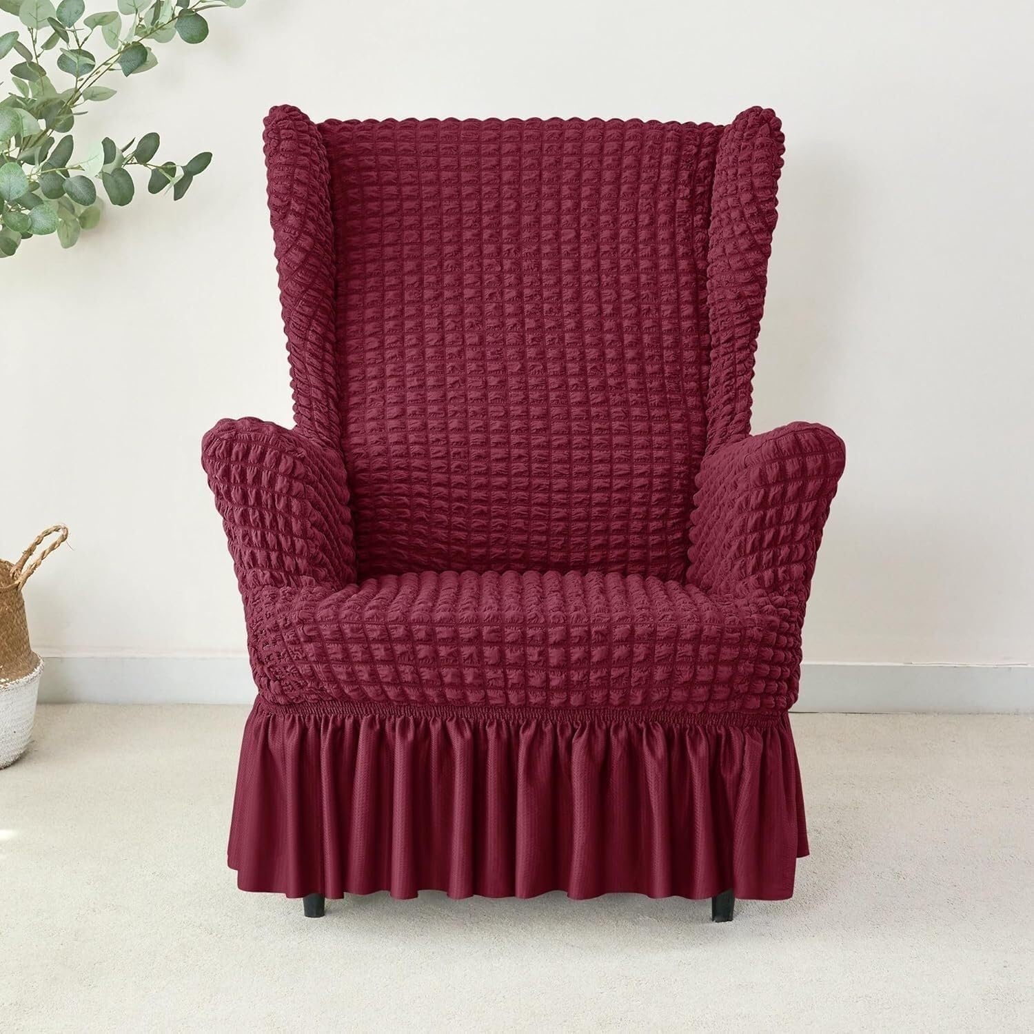 PBTMCD Seersucker Wingback Chair Slipcover Set With Ottoman Cover, Stretch High Back Bubble Wing Armchair Covers With Skirt(30#)