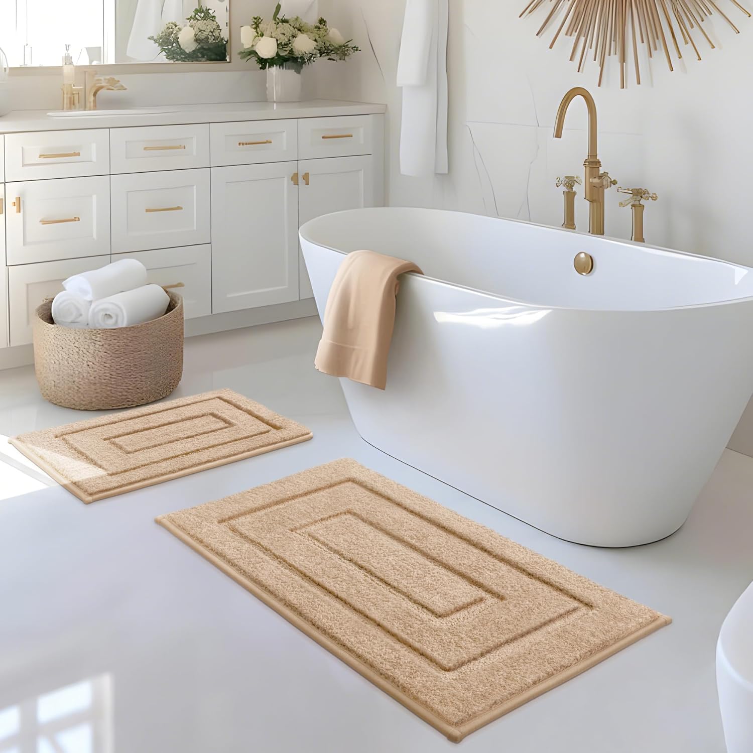 GRANNY SAYS Bathroom Rugs Sets 2 Piece,Soft Bath Mats for Bathroom, Bath Rugs Non Slip Washable, Absorbent Bath Rug for Tub,Shower and Toilet, Bathroom Mat Set (Beige, 20" x 32" + 16" x 24") - Image 9