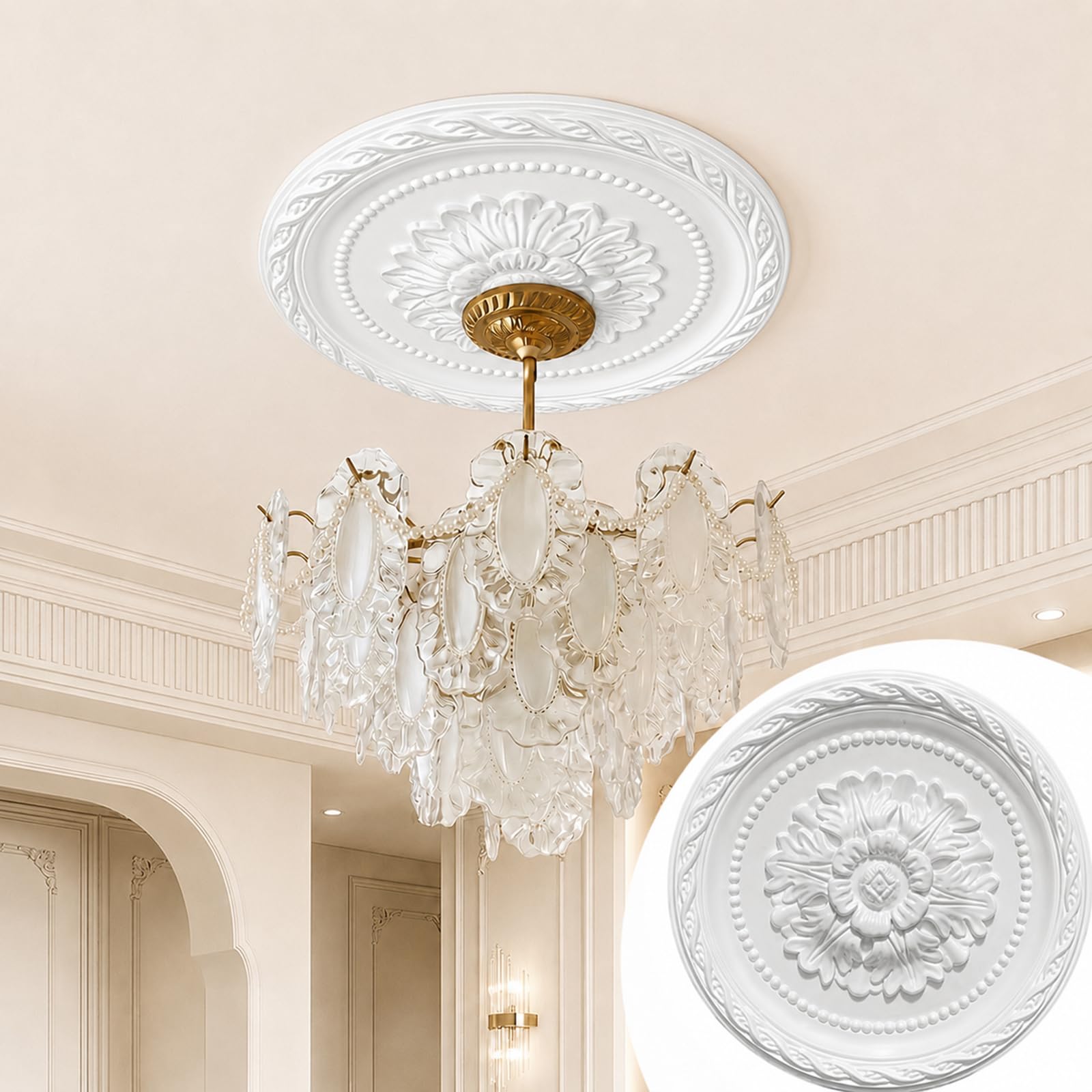 CBBEONRN PU White Ceiling Medallion Round Home for Light Fixtures And Ceiling Fans White,31cm OD