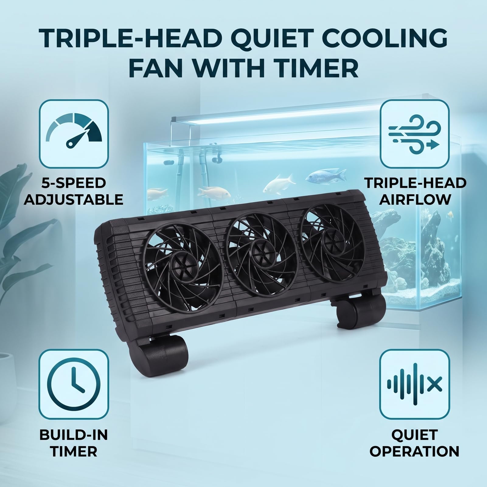 Luocute Aquarium-Kühlventilator, 3 Köpfe, 5 Geschwindigkeiten, mit Timer