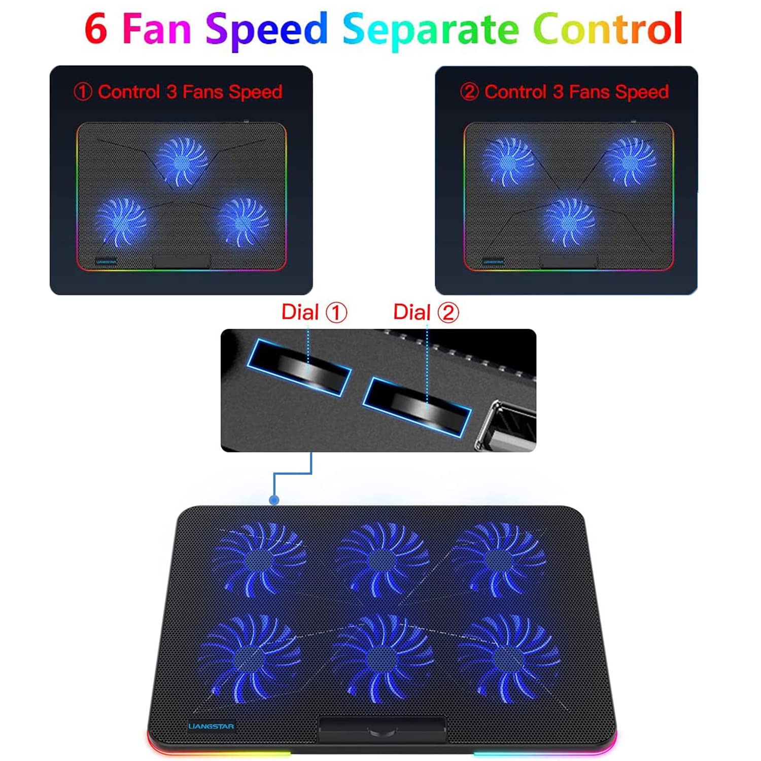 LIANGSTAR Base di Raffreddamento PC Portatile, Raffreddamento per Laptop，10 Luci RGB modalità & 7 Regolabile in Altezza, 2 Lndipendente velocità Controllo, Adatto per Laptop da 11,3-17 Pollici