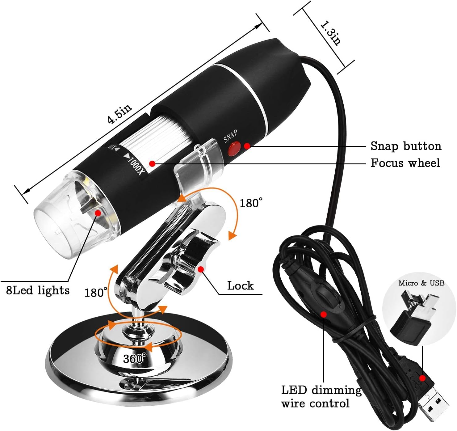 USB Microscope, 40X-1000X Digital Microscope 3 in 1 PCB Microscope Camera Magnification Endoscope Camera Portable Microscope, Metal Stand for Windows 7/8/10, Mac, Android with OTG, Linux