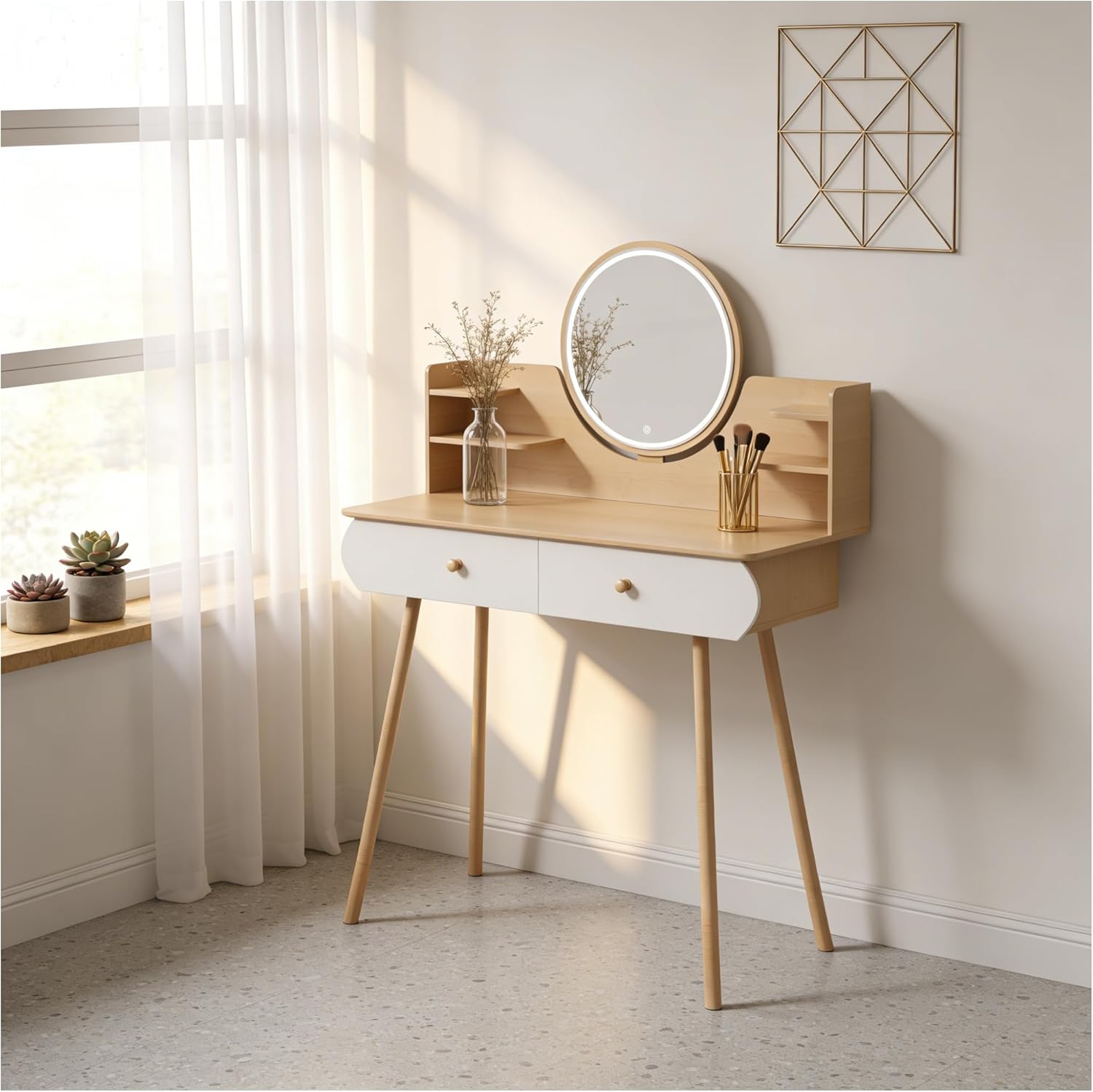 Altsuceser Small Space Wooden Vanity Desk with LED Lights & Round Mirror - Makeup Dressing Table with Storage Drawers for Bedroom product photo