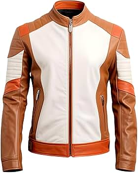 【COLOR iN ID】Near Leather Jacket Leather Jacket, Orange and White, Zip Front, Motorcycle