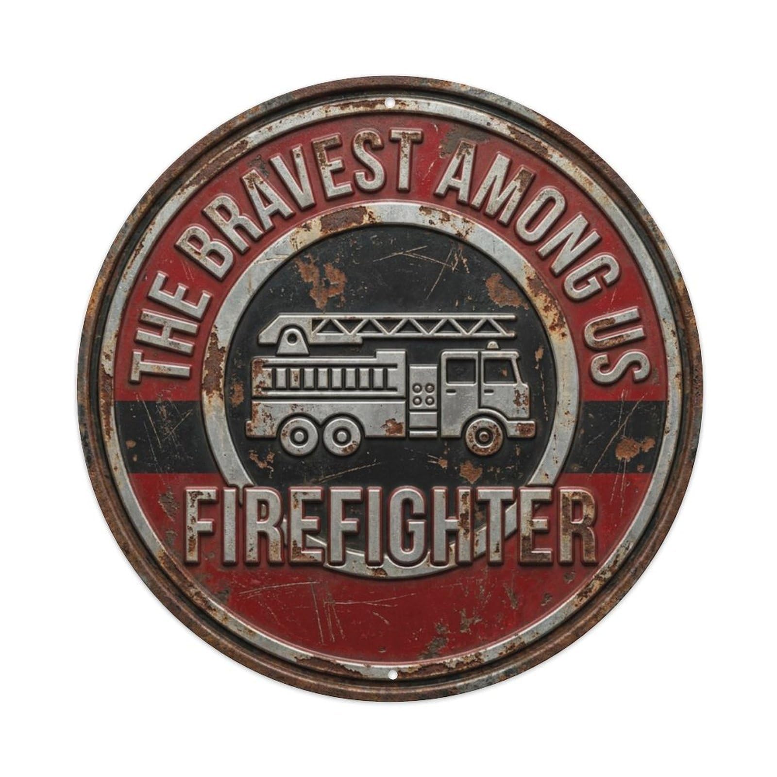 Bravest Among Us Firefighter Vintage Workshop Display Retro Slogans Vintage Metal Tin Sign Plaque Wall Decor for Cafe, Club, Garden Round Metal Poster 8x8Inch
