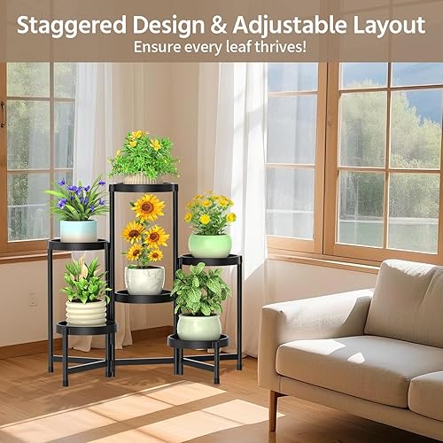 Miniatura 7 de LASZOLA Soporte plegable de 6 niveles para plantas de interior para múltiples macetas grandes, estante ajustable alto y resistente con estantería de