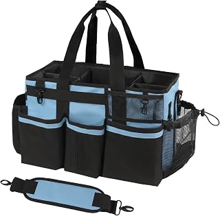 Wearable Cleaning Caddy, Cleaning Caddy Supplies Organizer with Handle & Shoulder Straps for Housekeepers, Under Sink & Car Cleaning Tool Organizers Bag with 4 Foldable Divider (Blue)