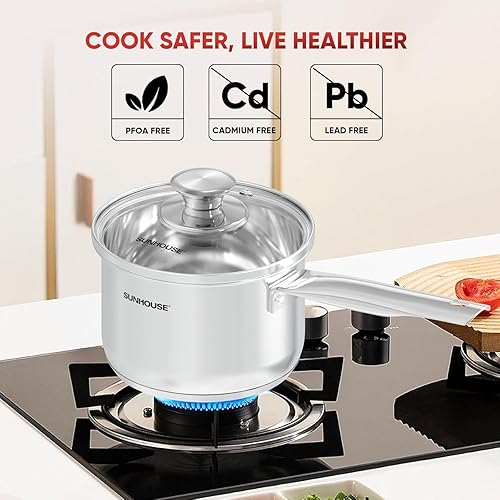 Miniatura 7 de SUNHOUSE Sartén de acero inoxidable de 3 cuartos con tapa, sin PFOA, sartén de acero inoxidable, base de inducción de unión de impacto avanzada,