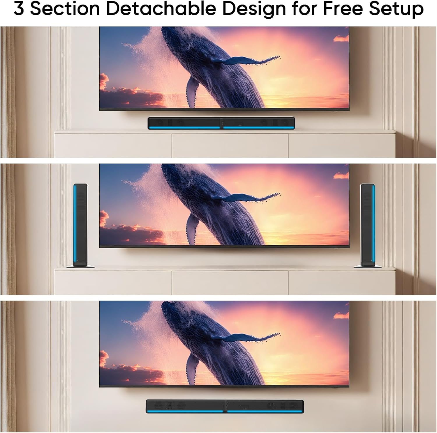 Sound Bar for Smart TV, 2 in 1 Detachable Soundbar with Dual Built-in Subwoofers, Bluetooth 5.3 Surround Sound with RGB Light, HDMI ARC/Optical/AUX, All-in-One Audio for Gaming, PC & Projectors