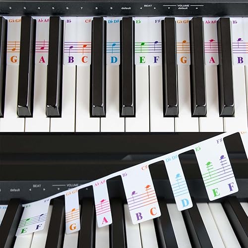QMG Etiquetas de notas de teclado de piano codificadas por colores, ayuda de aprendizaje extraíble para pianos y teclados de tamaño completo de 88