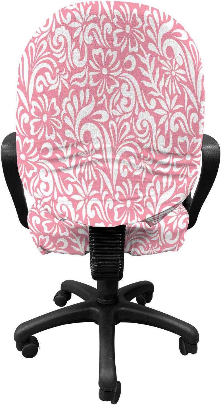 Ambesonne Pink Damask Office Chair Slipcover, Monochrome Simplistic Romantic Cartoon Flowers Leaves Continuous Pattern, Protective Stretch Decorative Fabric Cover, Standard Size, White Pink