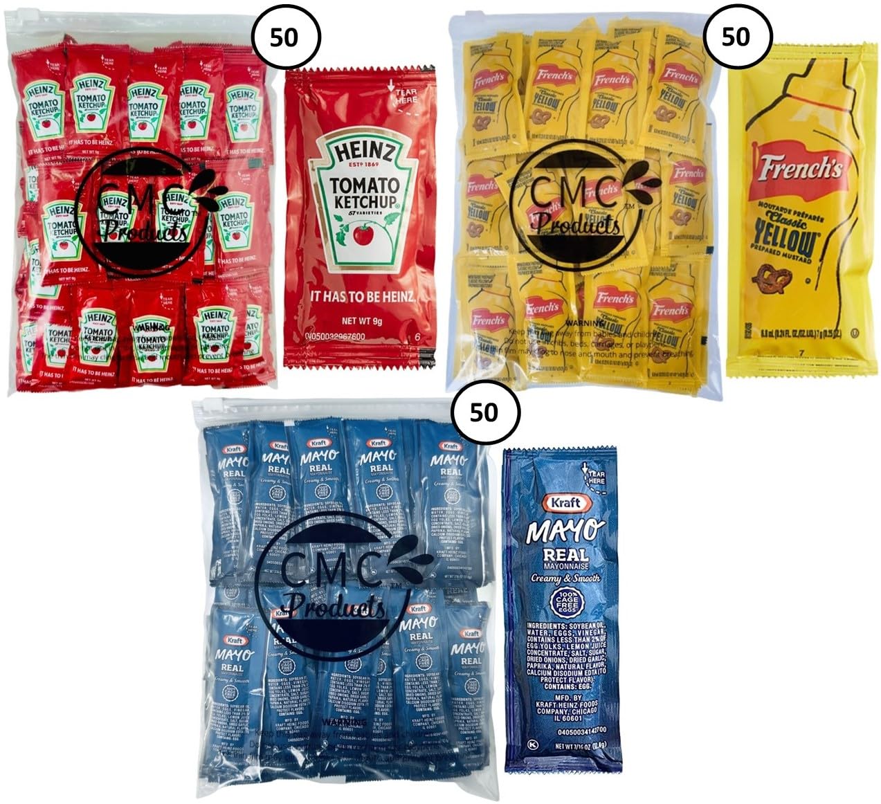 CMC ProductsCondiment Gift Box: 150 Total Packets (50 Each of Ketchup, Mustard, Mayo) in Food-Safe Bag, Perfect for Gifting or Parties