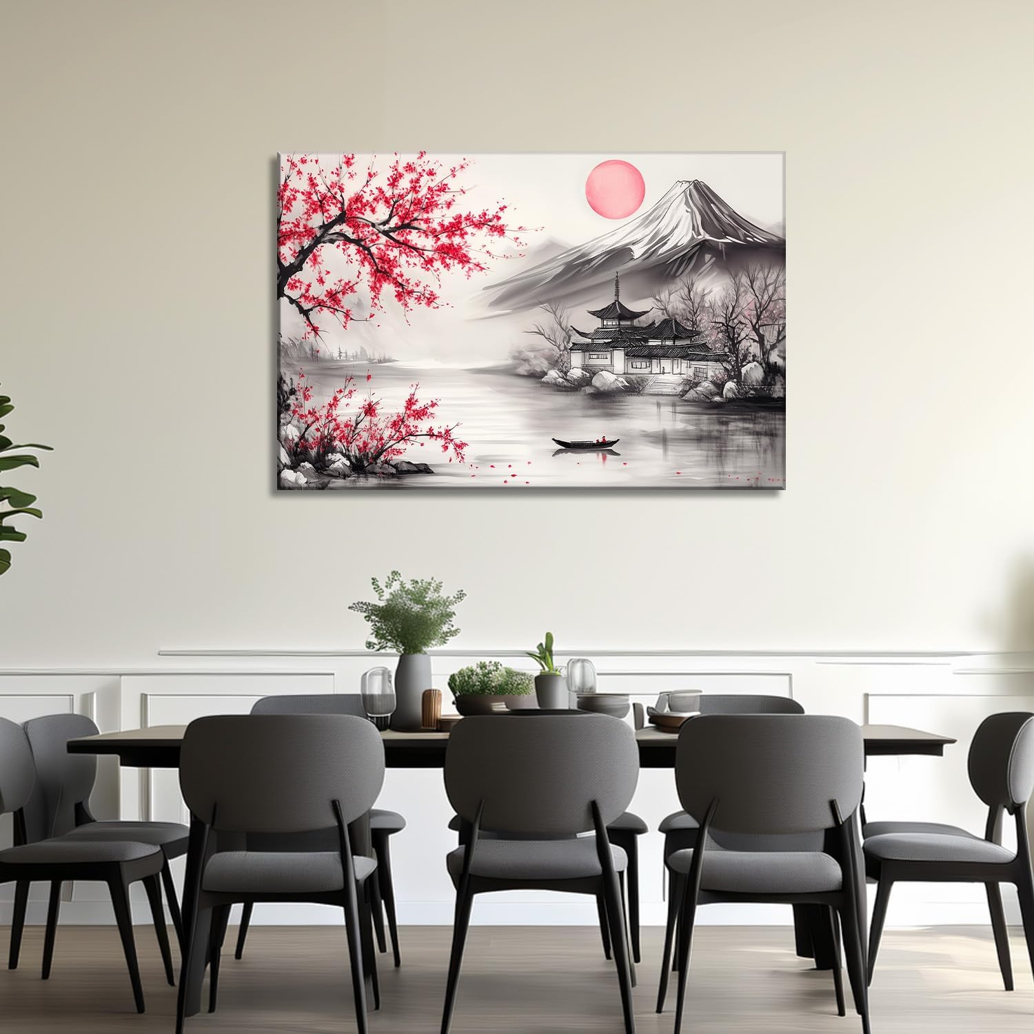 Japanese Wall Art Asian Landscape Watercolor Canvas Prints Red and Black Cherry Blossom Trees Picture Vintage Painting for Living Room Home Office Wall Decor Framed - 12.00x18.00 inch