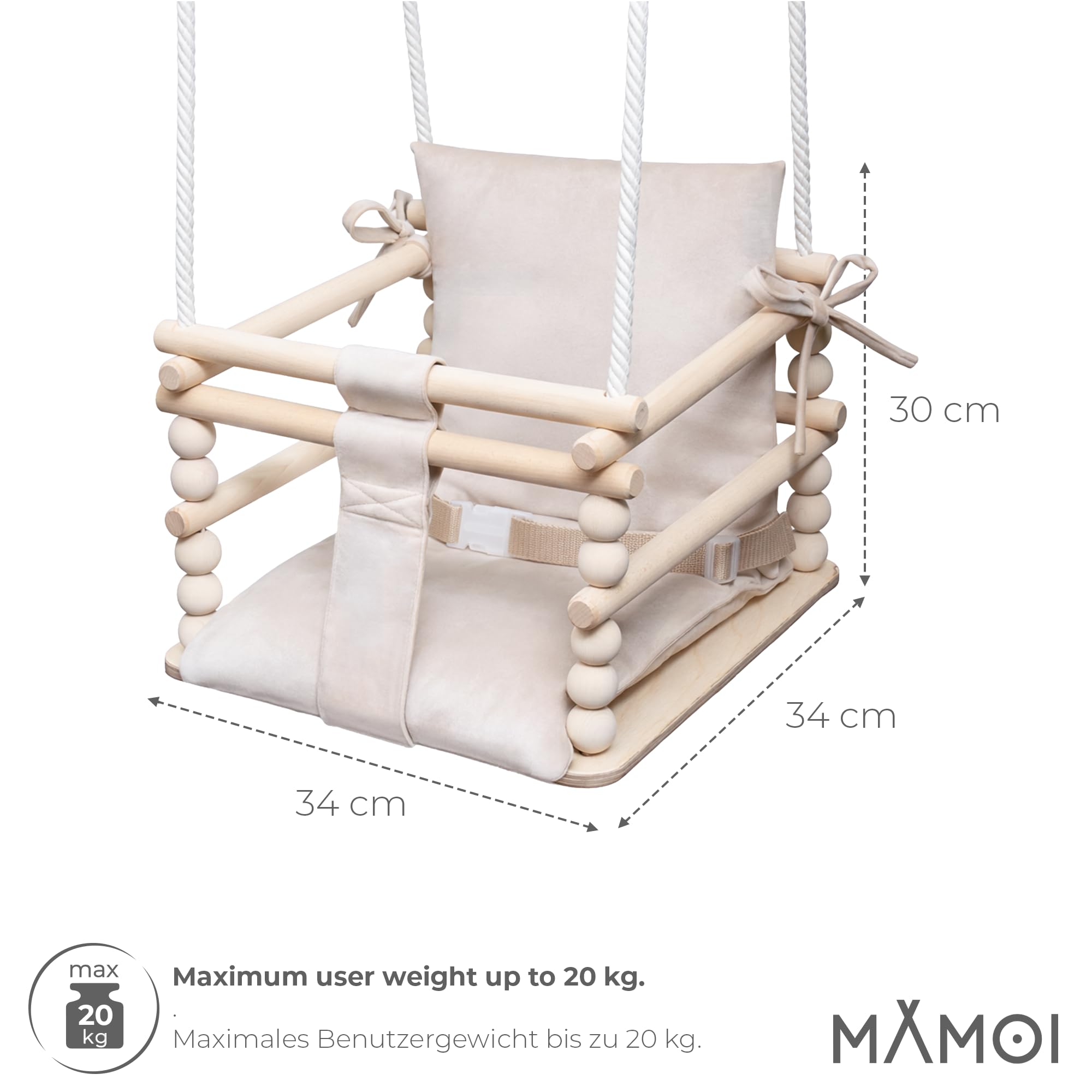 MAMOI® Huśtawka dziecięca 3 w 1 + PAS BEZPIECZEŃSTWA | Regulacja wysokości 190-260cm | Drewniana huśtawka dla dzieci | Wewnętrzna huśtawka dla dzieci do domu | CE | 100% ECO | Wyprodukowano w UE