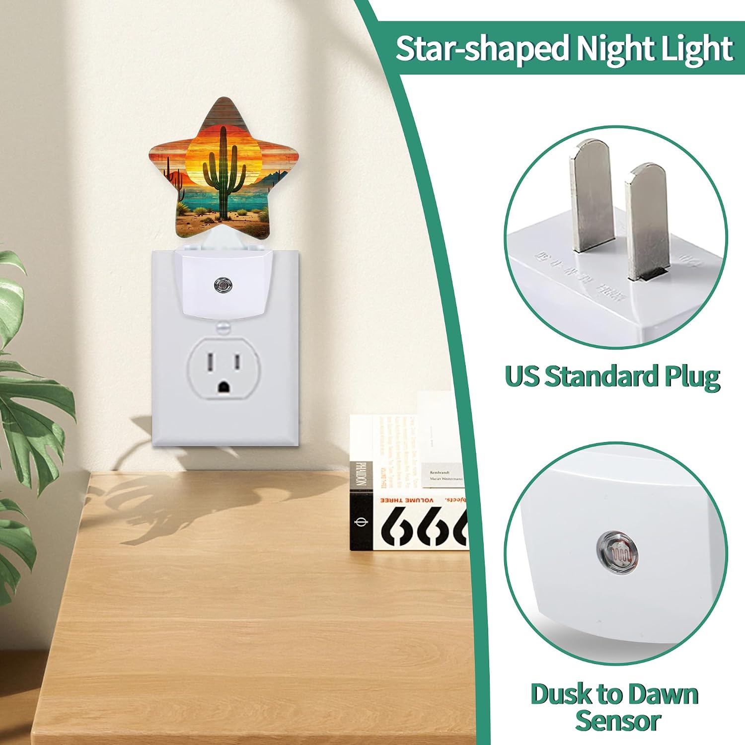 Tropical Cactus Star Night Light Plug in, Decorative Night Light for Kids Room Nursery Bedroom, Soft Glow Sensor Lamp for Hallway Bathroom, Compact Energy Saving
